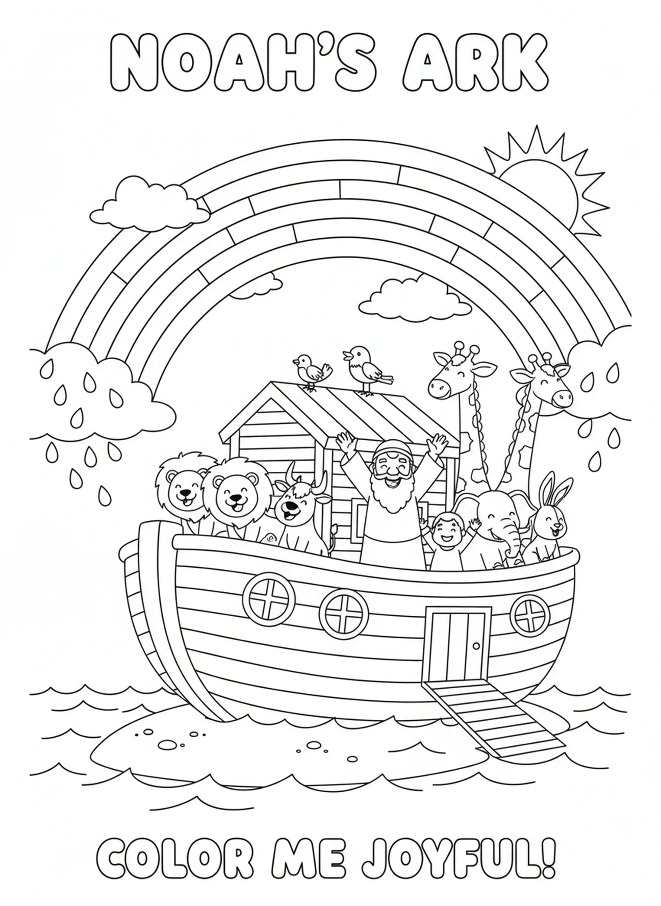 Regenboog boven de ark, Bijbel Olifant Ark kleurplaat voor kinderen van 5-10 jaar.
