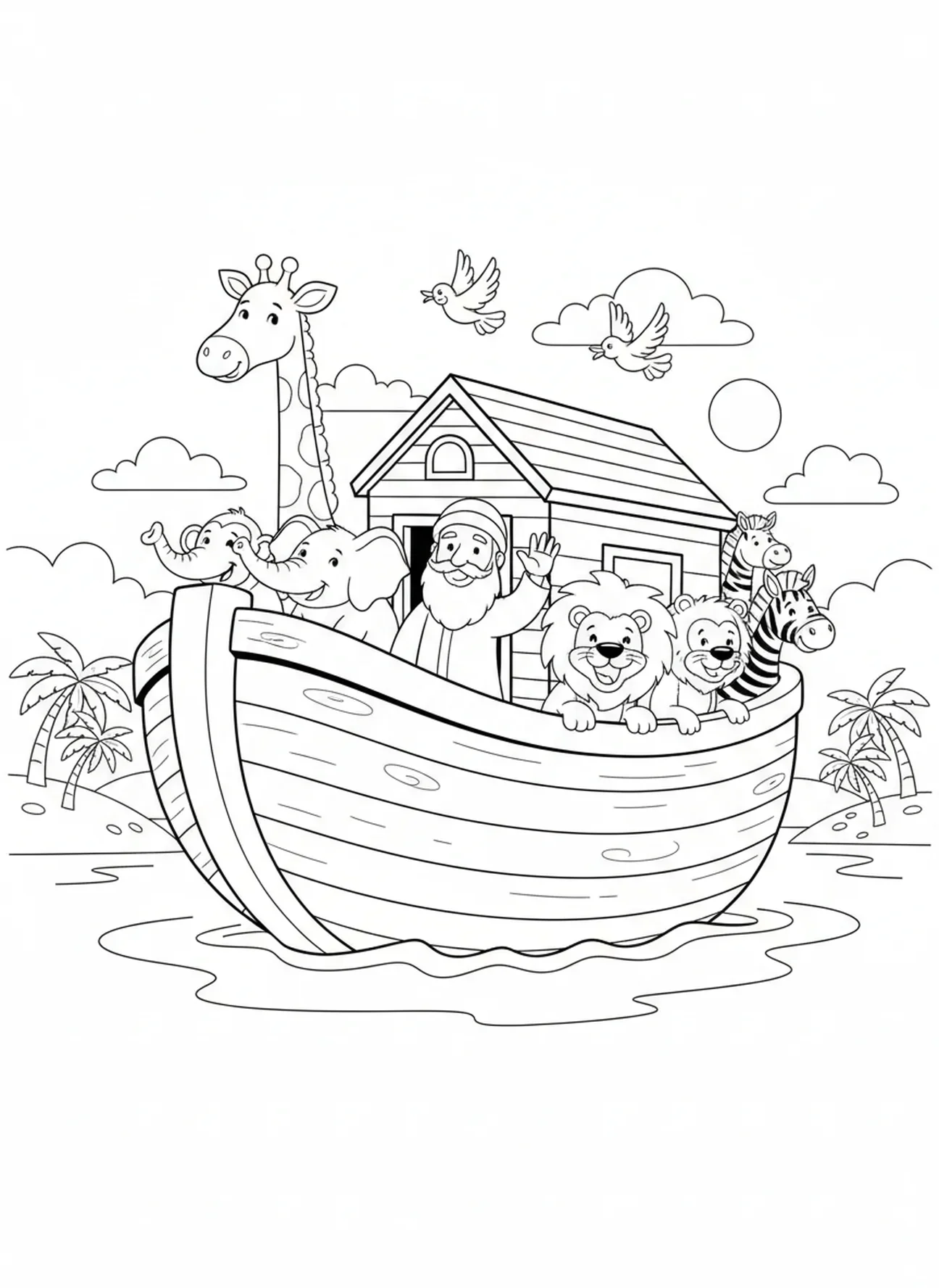 Noach en dieren op de ark, Bijbel Olifant Ark kleurplaat voor kinderen van 5-10 jaar.