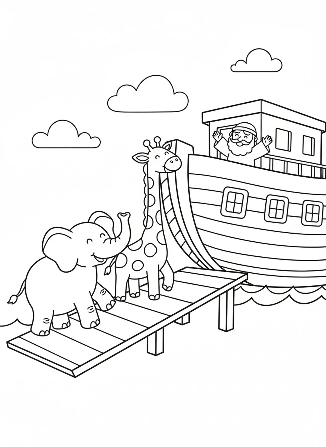 Elefante y jirafa, página para colorear del Arca de Noé para niños de 3 a 5 años