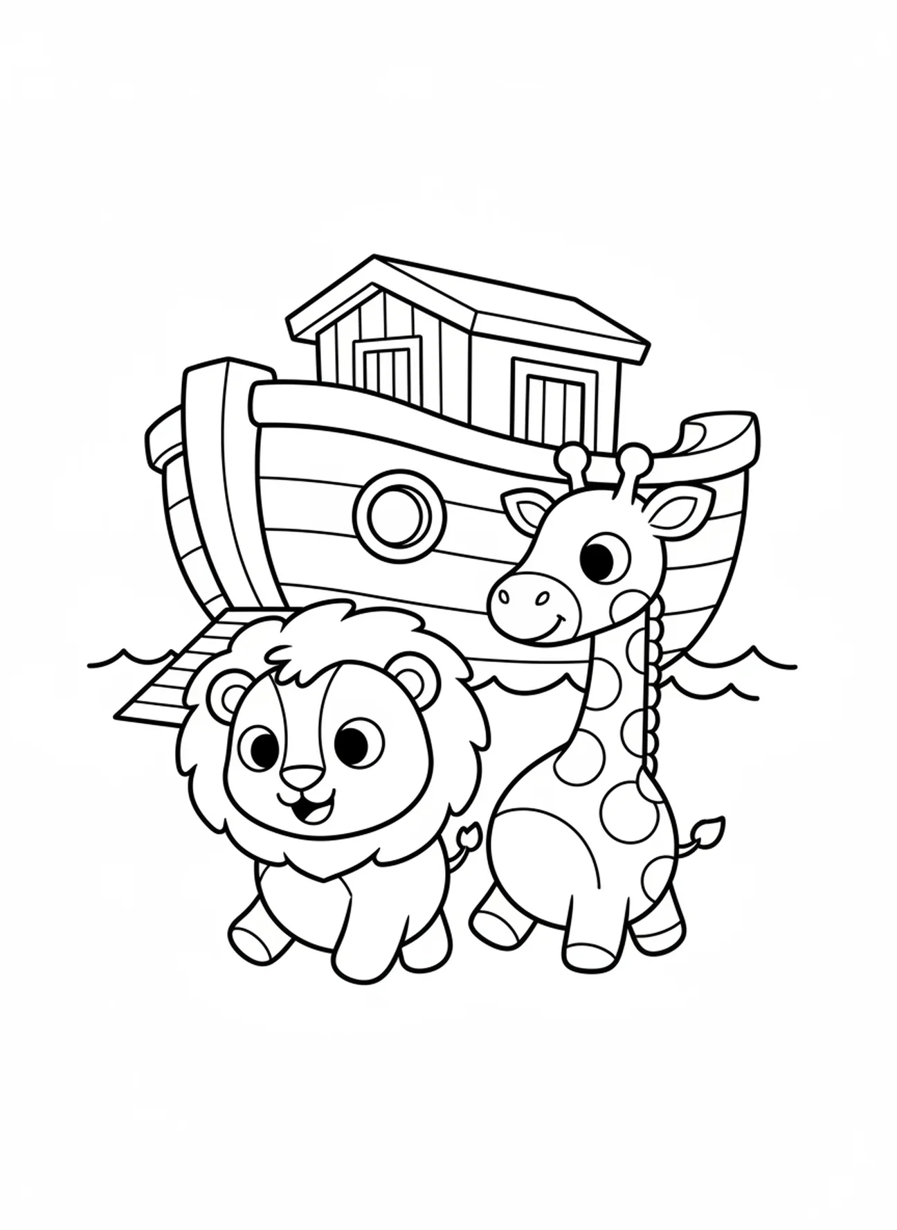 Dos animales de dibujos animados, página para colorear de la Biblia con la jirafa del arca para niños de 3 a 5 años.