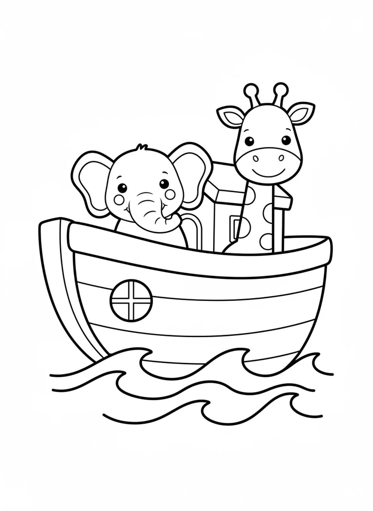 Arca simple en el agua, página para colorear de la Biblia con jirafa para niños de 3 a 5 años.