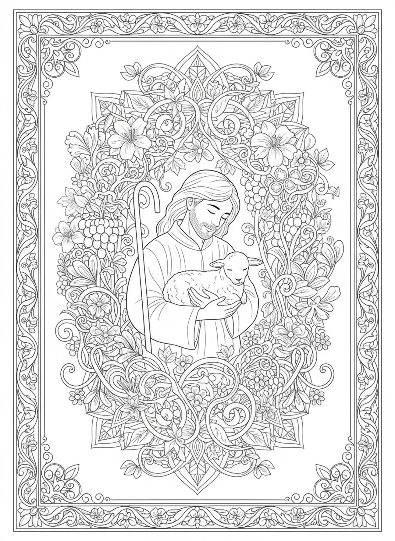 Pastor com cordeiro, página para colorir do Livro dos Salmos no estilo de journaling bíblico para adultos