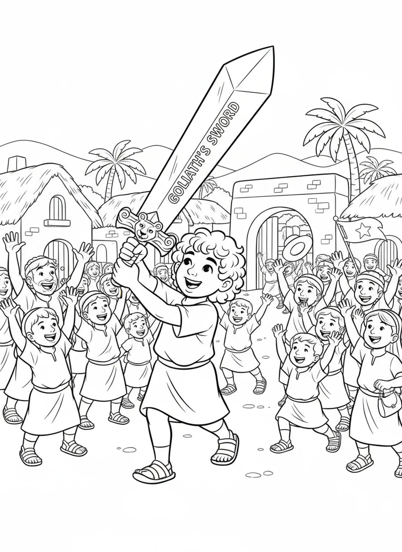 David rentrant chez lui, page à colorier du Livre des Psaumes pour les enfants de 5 à 10 ans