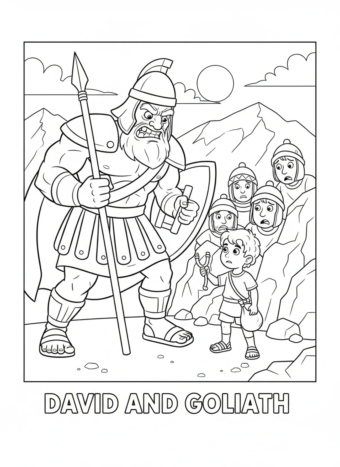 Goliath dominant face à David, page à colorier du Livre des Psaumes pour les enfants de 5 à 10 ans