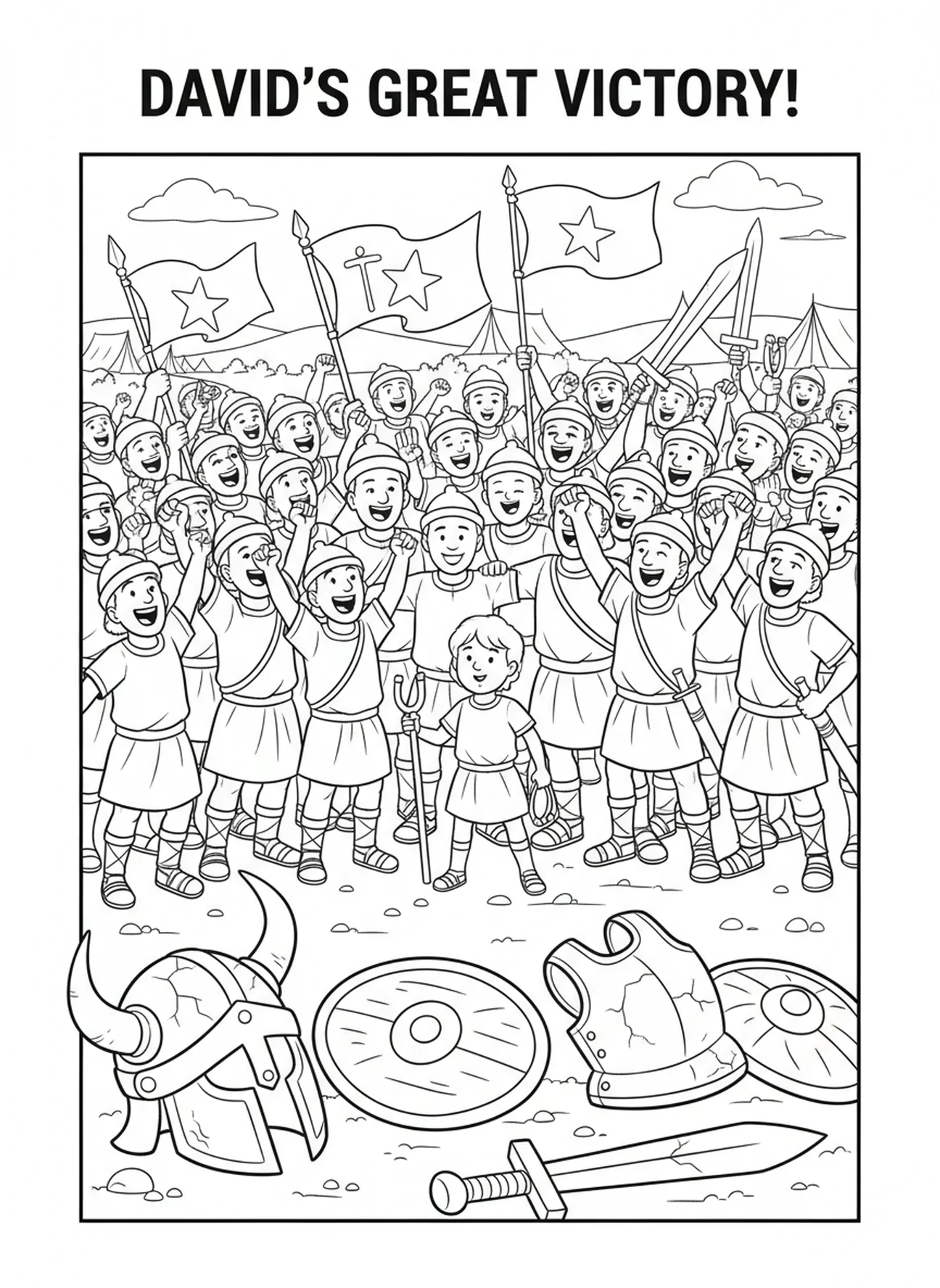 Armée israélite célébrant, page à colorier du Livre des Psaumes pour enfants de 5 à 10 ans