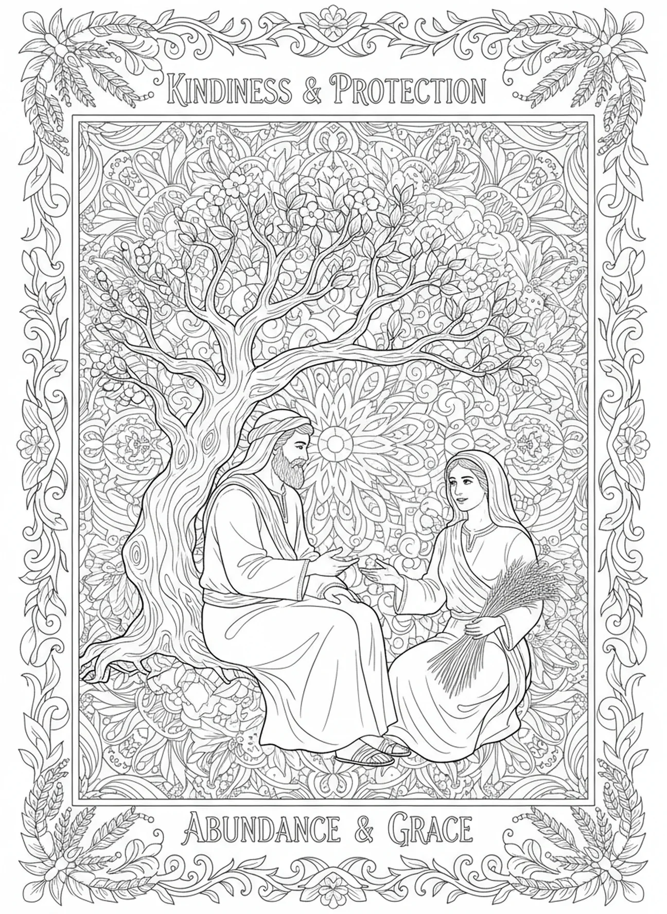Boaz bietet Freundlichkeit an, Ausmalbild aus dem Buch Ruth im Stil des Bibeljournaling für Erwachsene