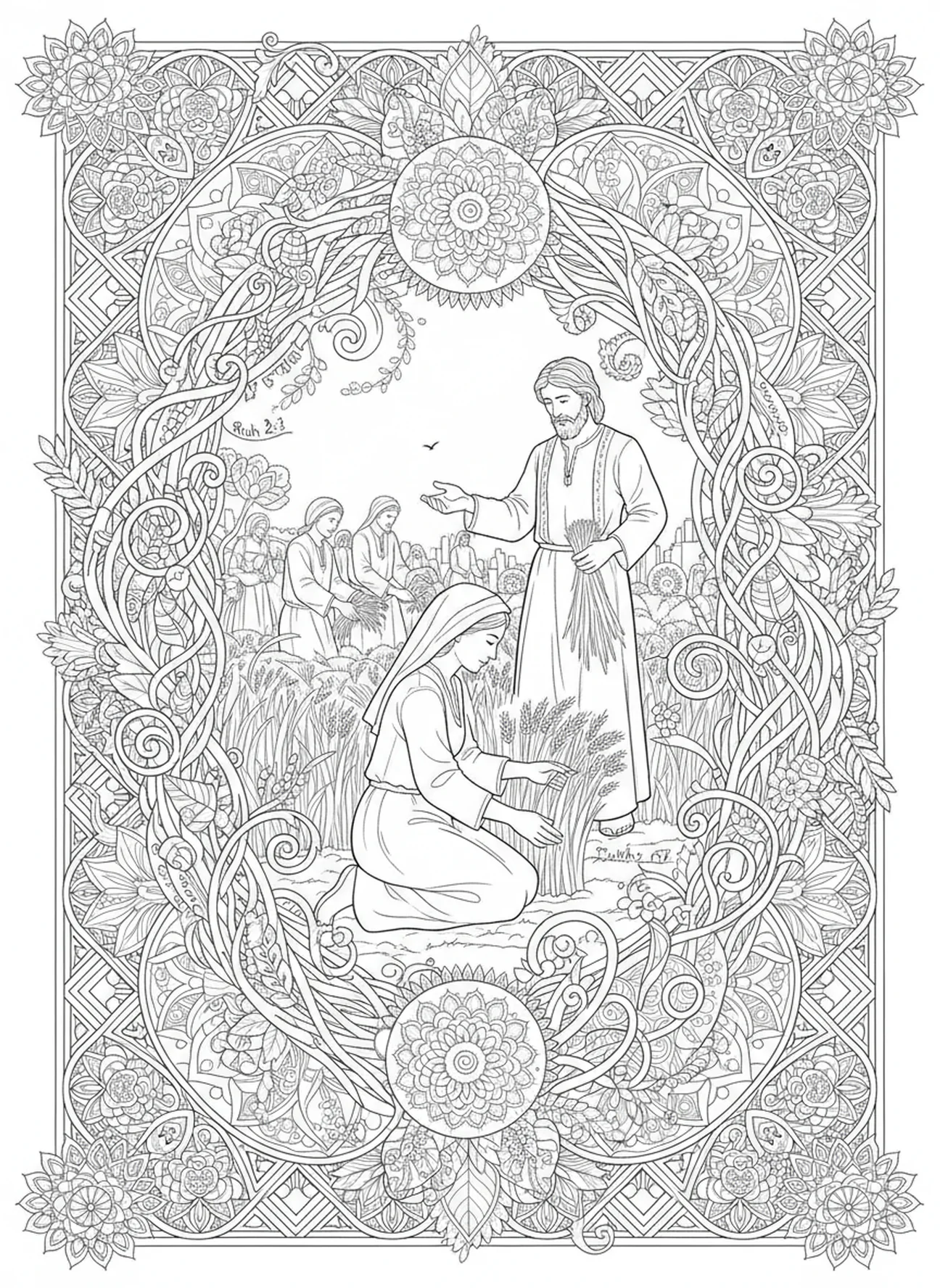 Ruth beim Ährenlesen, Ausmalbild aus dem Buch Ruth im Stil des Bibeljournaling für Erwachsene