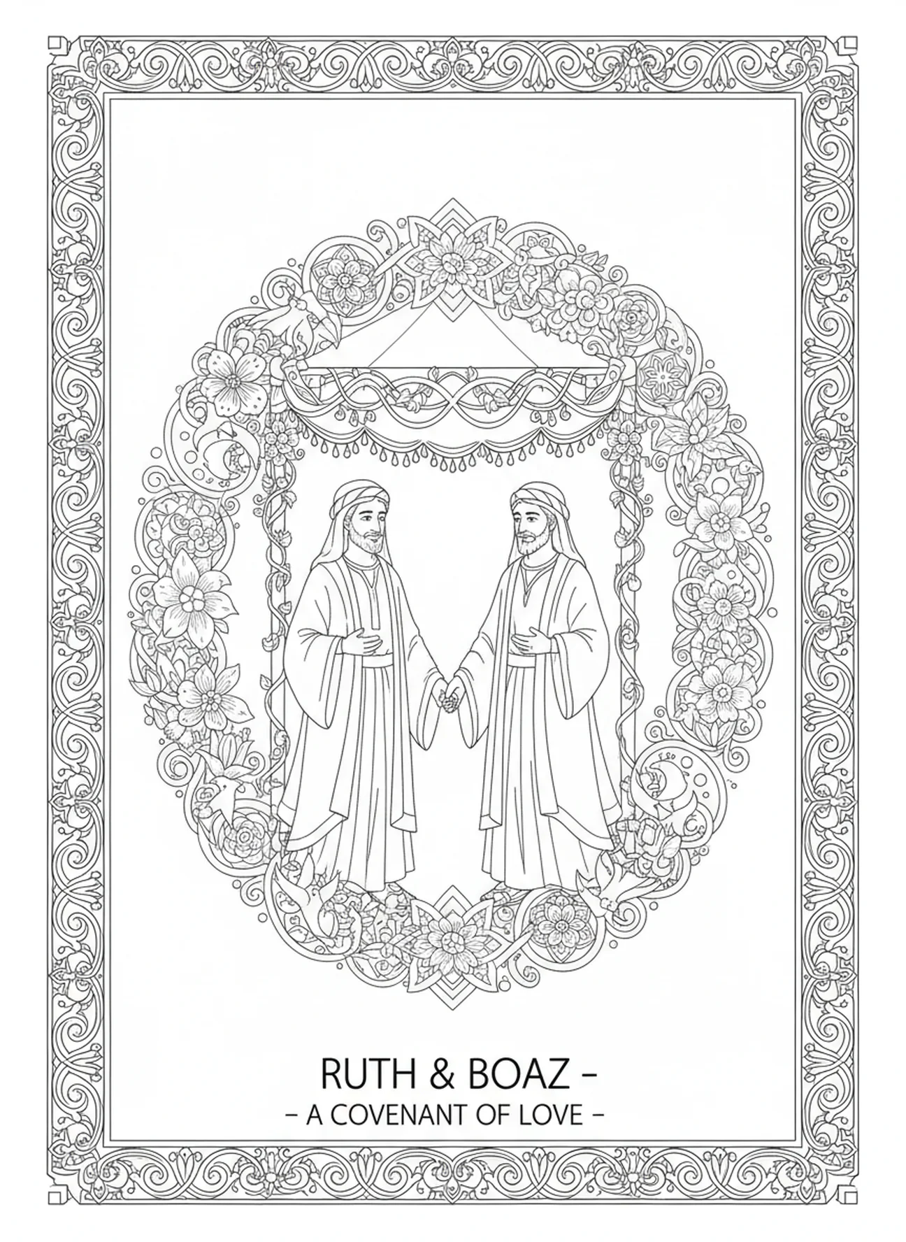 Ehe von Ruth und Boaz, Ausmalbild aus dem Buch Ruth für Erwachsene im Bibel-Journaling-Stil