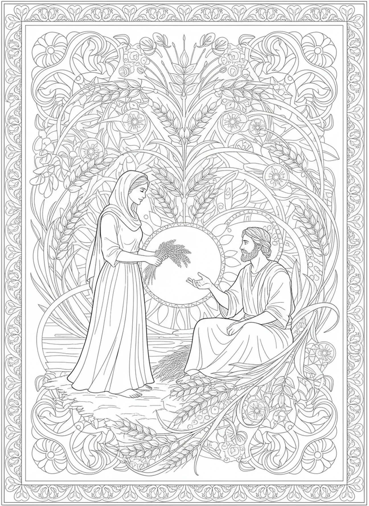 Ruth auf der Tenne, Ausmalbild aus dem Buch Ruth für Erwachsene im Bibel-Journaling-Stil