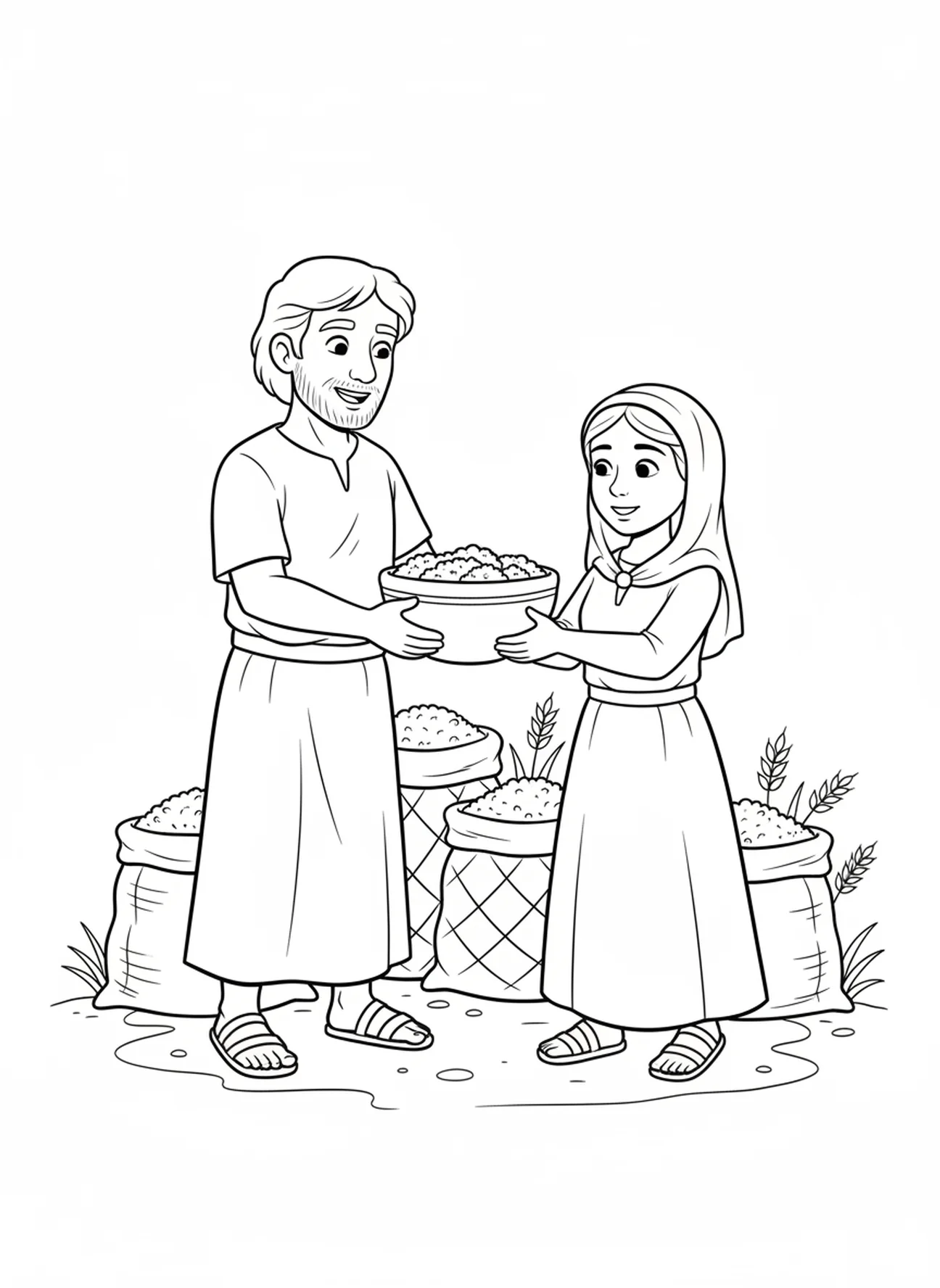 Boaz oferecendo comida, página de colorir do Livro de Rute para crianças de 5 a 10 anos