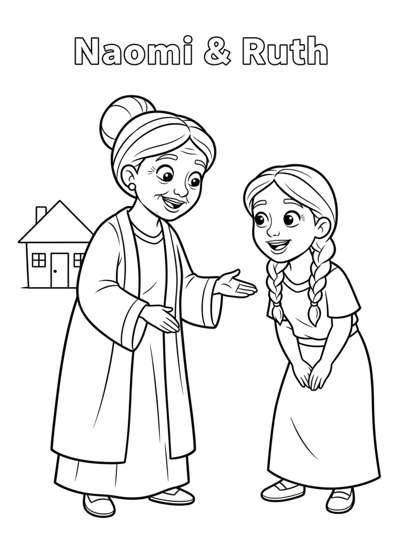 Naomi aconselhando Rute, página para colorir do Livro de Rute para crianças de 5 a 10 anos