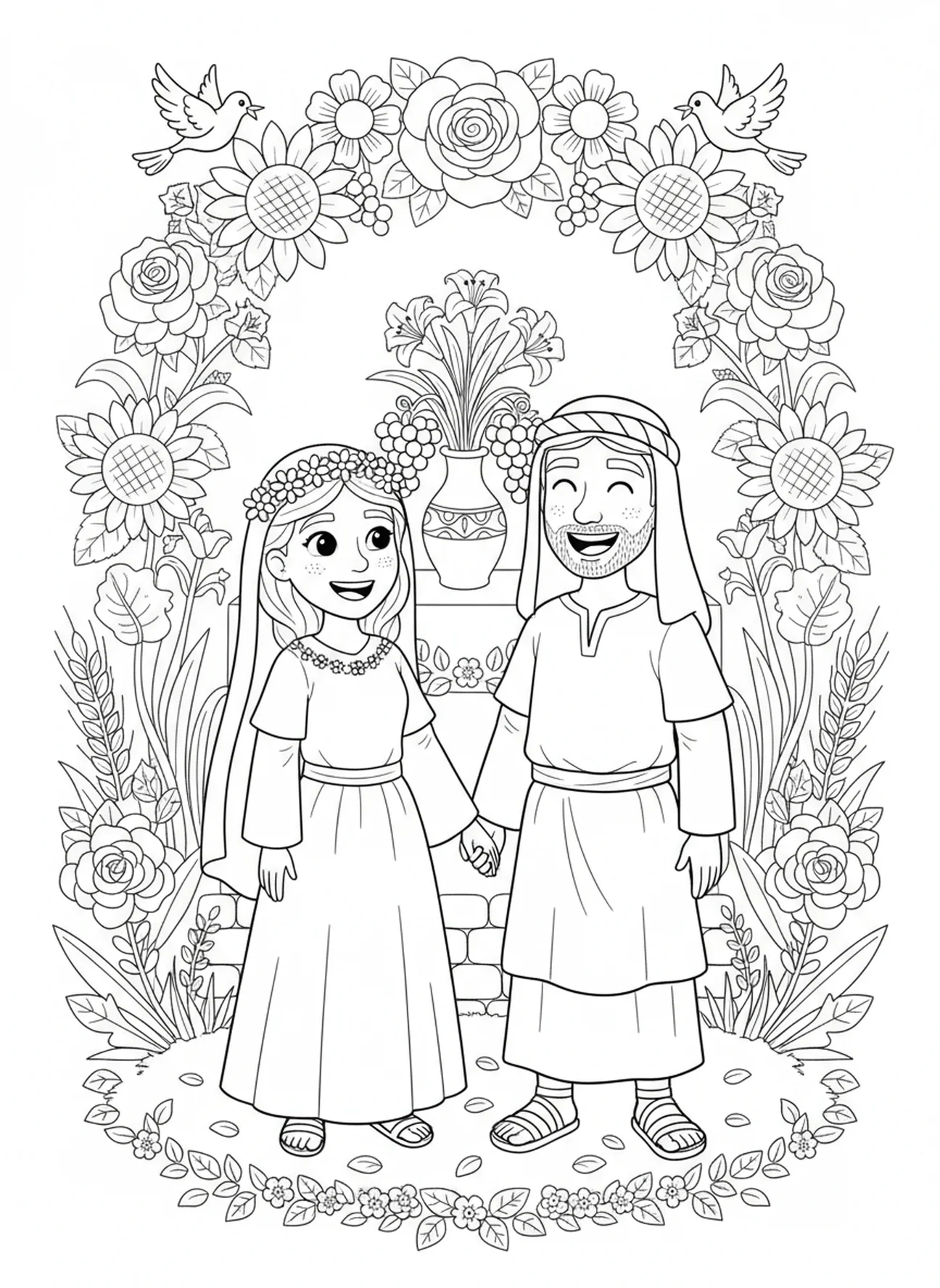 Casamento de Rute e Boaz, página para colorir do Livro de Rute para crianças de 5 a 10 anos