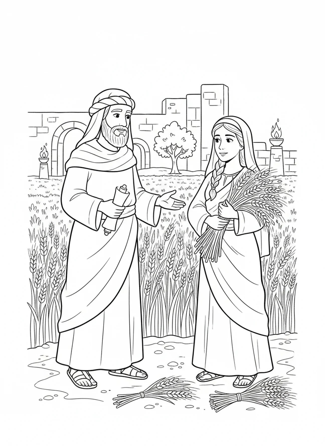 Boaz parlant à Ruth, page à colorier du Livre de Ruth pour les enfants de l'École du dimanche âgés de 5 à 12 ans