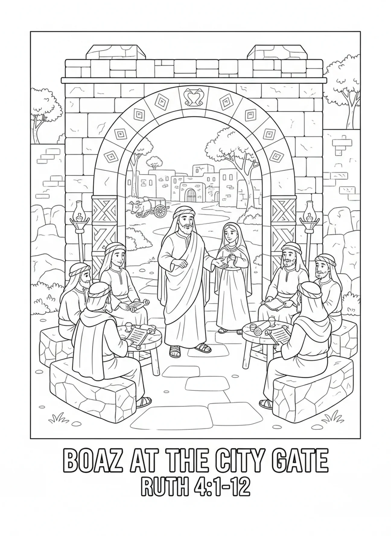 Boaz déclarant la rédemption, page à colorier du Livre de Ruth pour les enfants de l'École du dimanche âgés de 5 à 12 ans