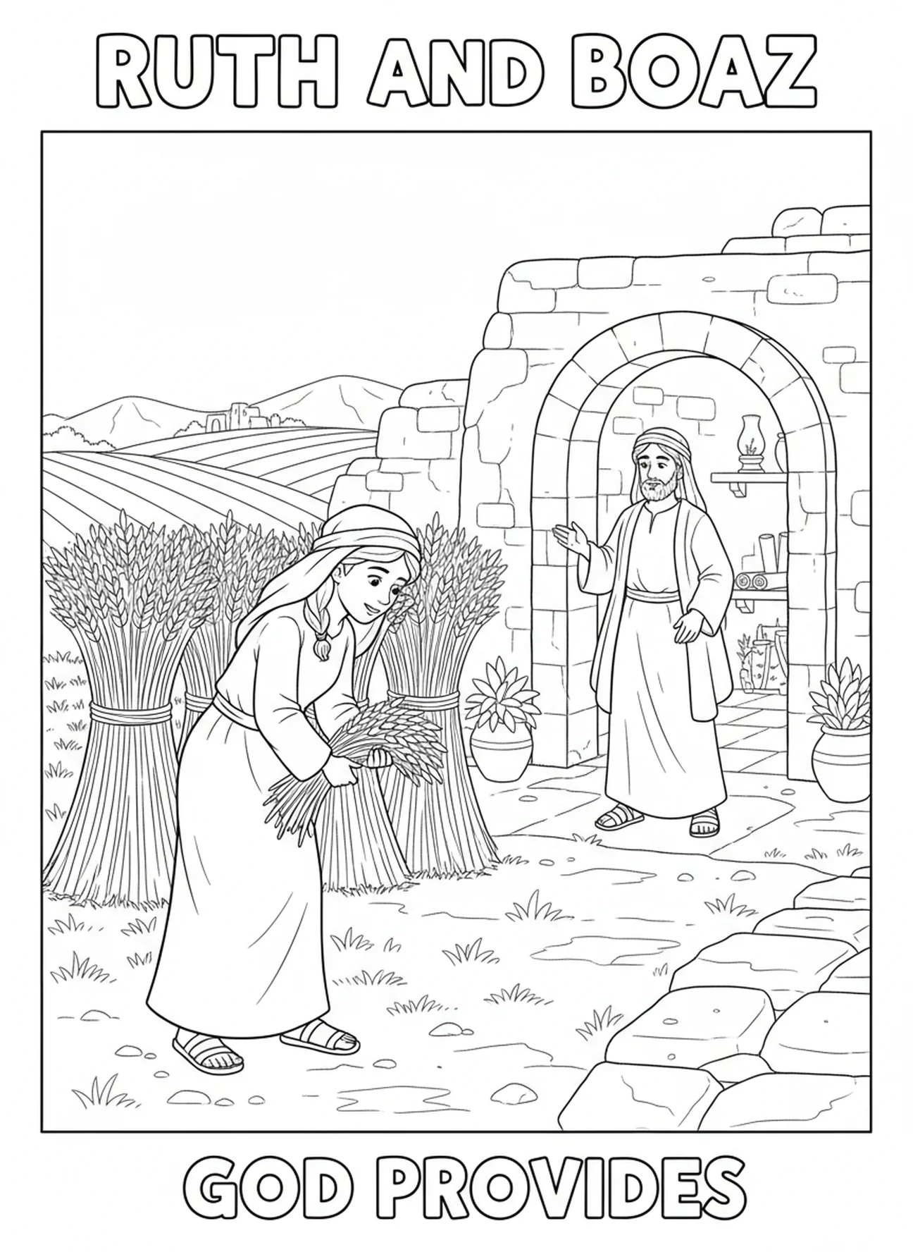Ruth ramassant des épis, page à colorier du Livre de Ruth pour les enfants de l'École du dimanche âgés de 5 à 12 ans