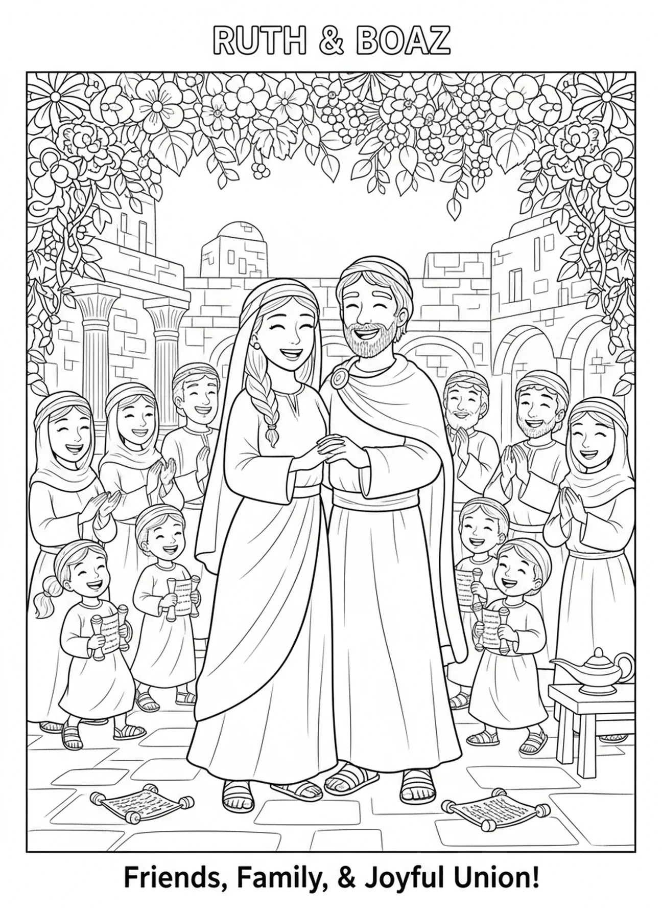 Mariage de Ruth et Boaz, page à colorier du Livre de Ruth pour les enfants de l'École du dimanche âgés de 5 à 12 ans