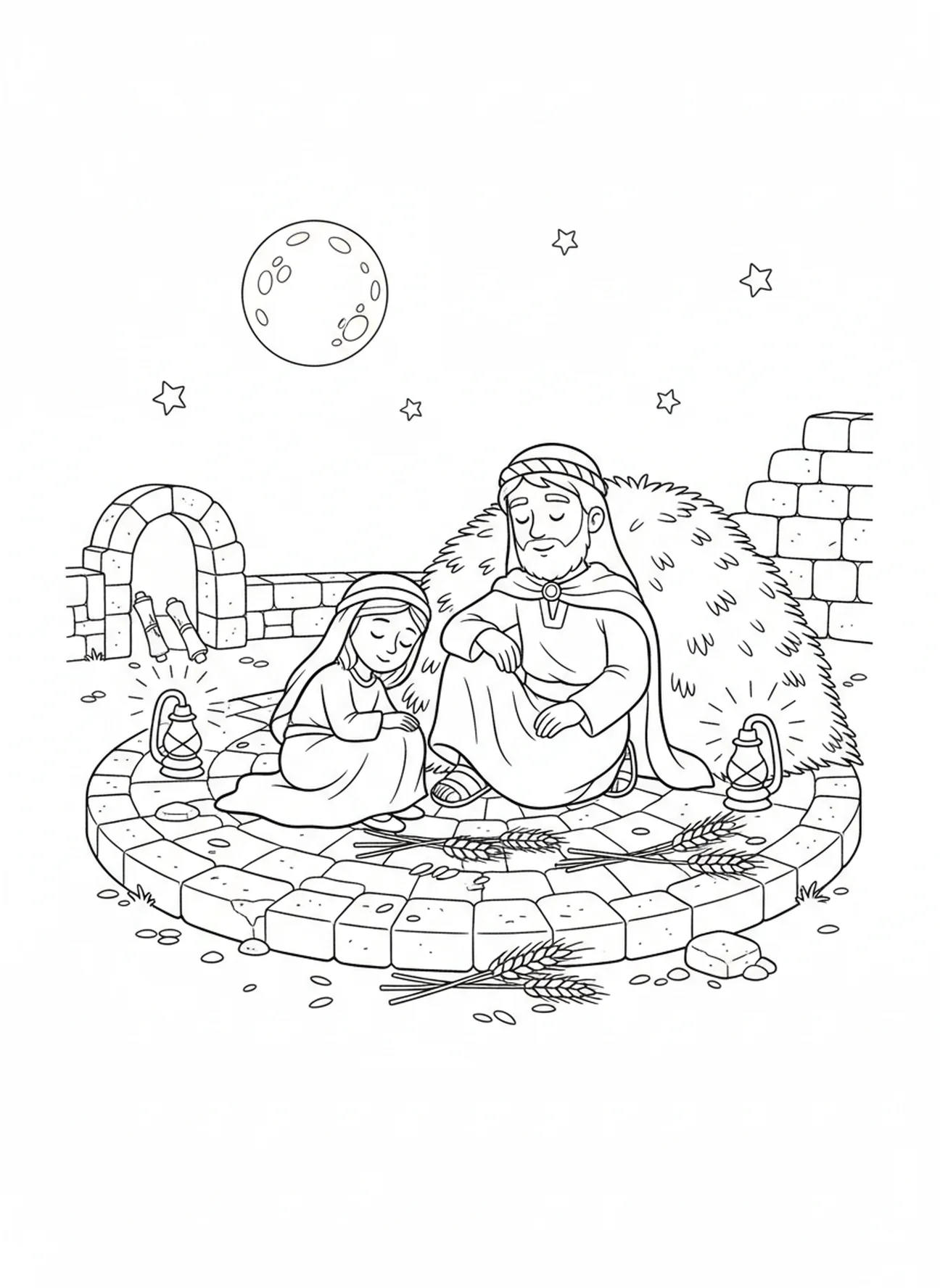Ruth à la moisson, page à colorier du Livre de Ruth pour les enfants de l'École du dimanche âgés de 5 à 12 ans