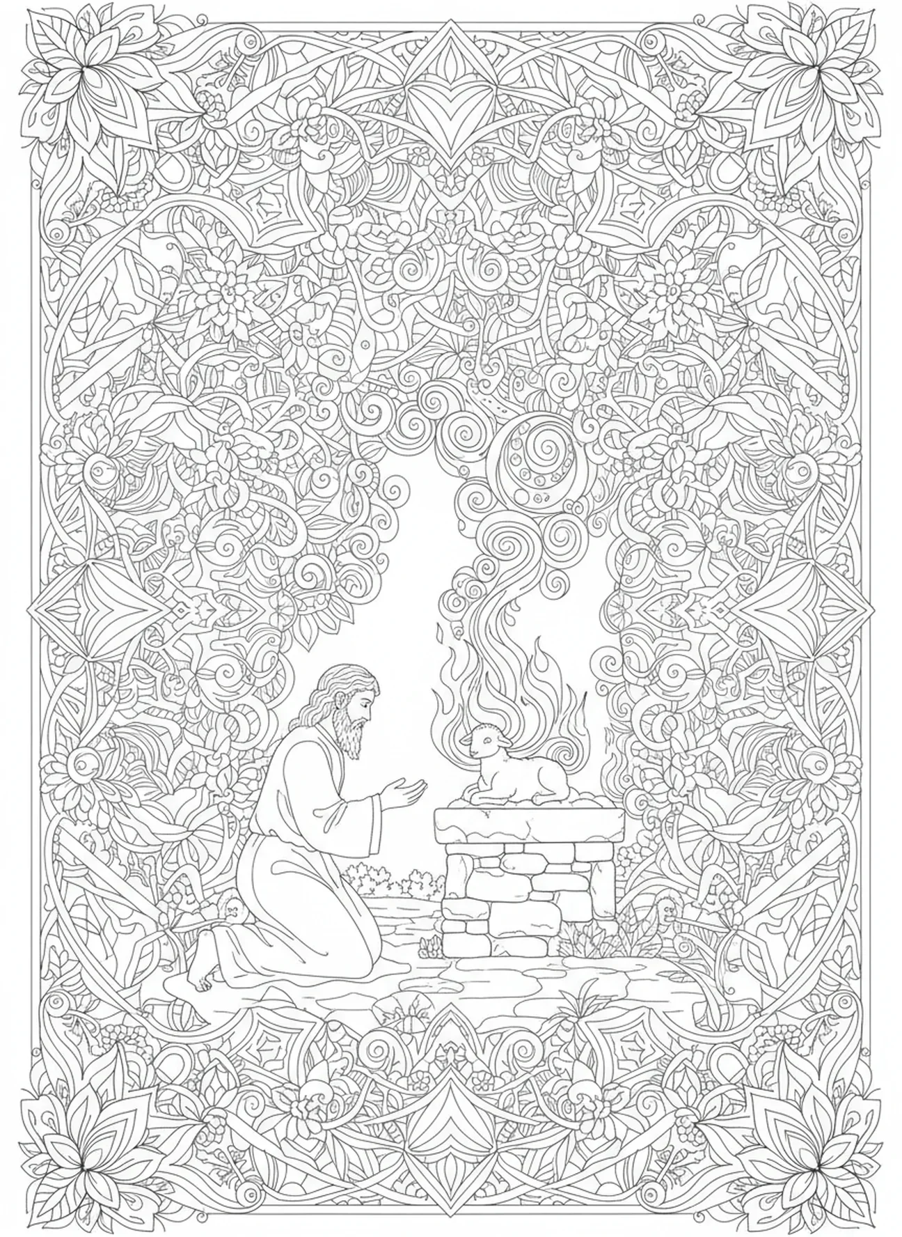 Noé no altar oferecendo sacrifício, página para colorir dos Livros da Bíblia no estilo de journaling bíblico para adultos
