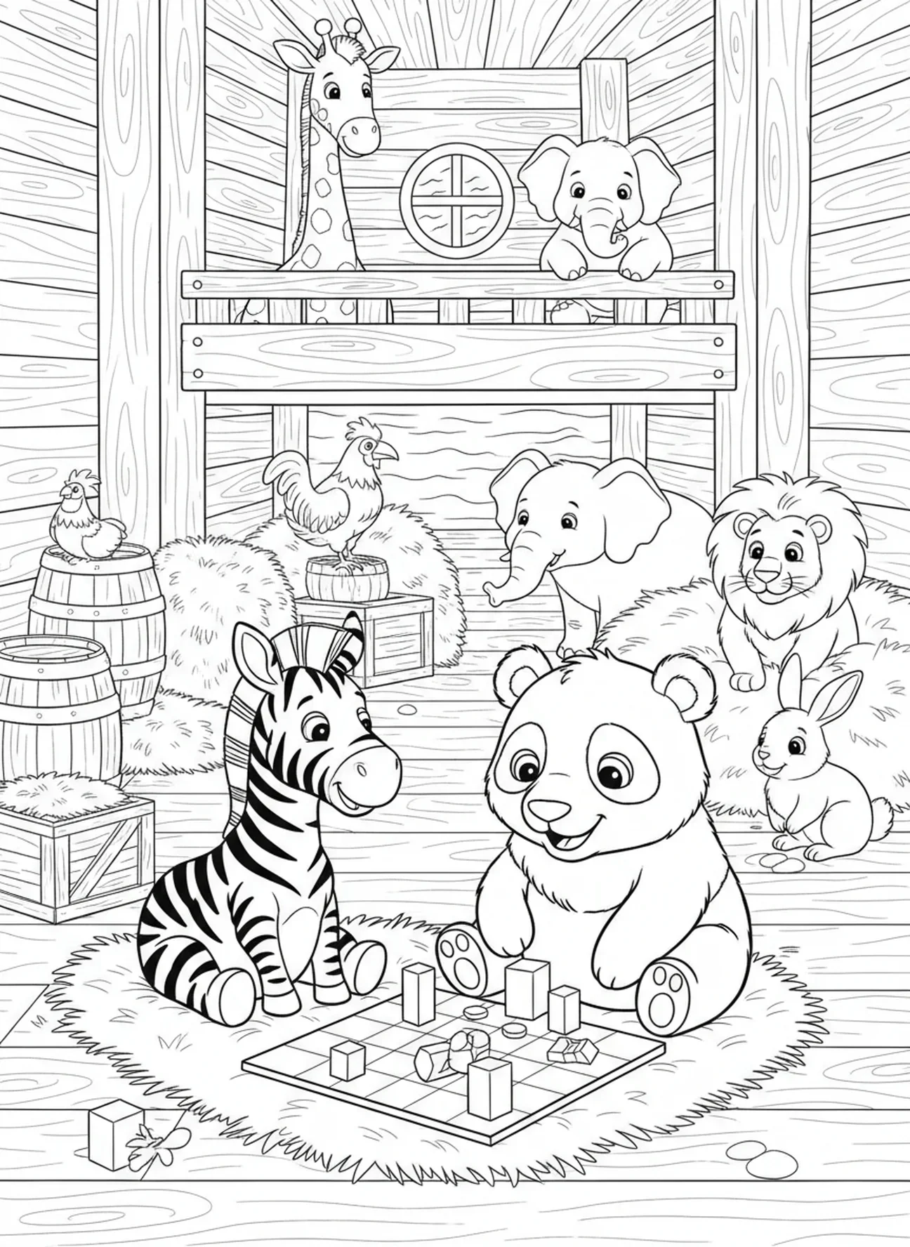 Zebra und Panda spielen im Inneren der Arche, Ausmalbild der Bücher der Bibel für Kinder im Alter von 5-10 Jahren