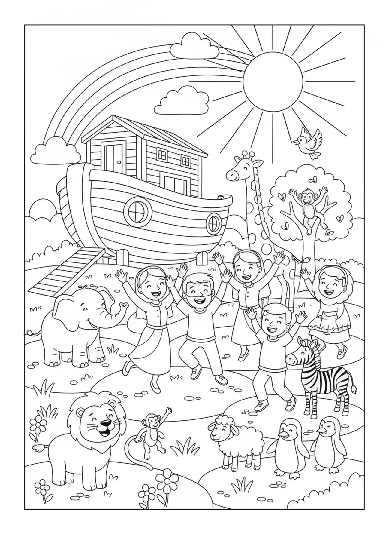 Noah und Familie feiern, Ausmalbild der Bücher der Bibel für Kinder im Alter von 5-10 Jahren