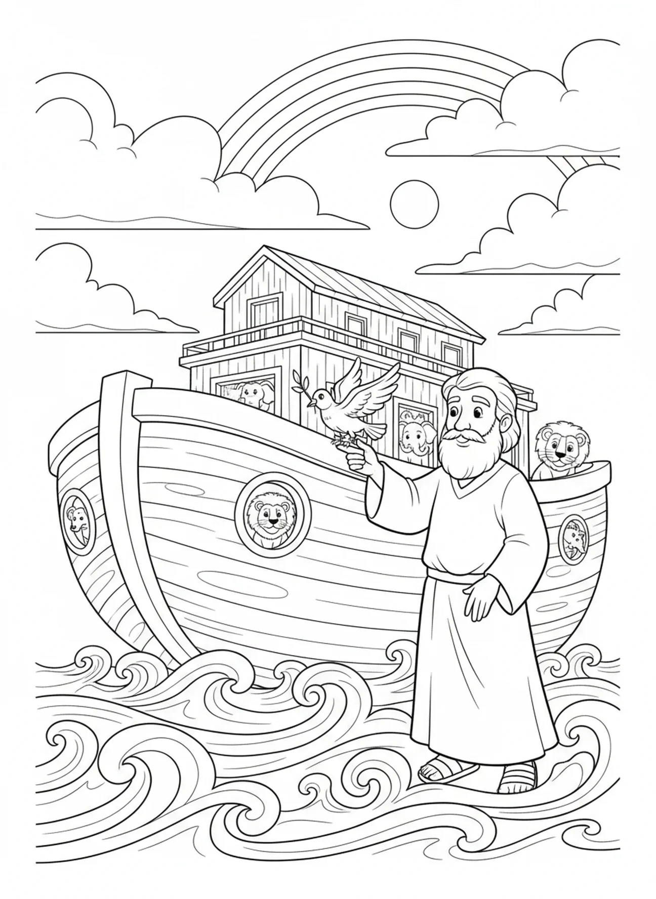 Noah, der eine Taube freilässt, Ausmalbild der Bibel für Kinder im Alter von 5-10 Jahren