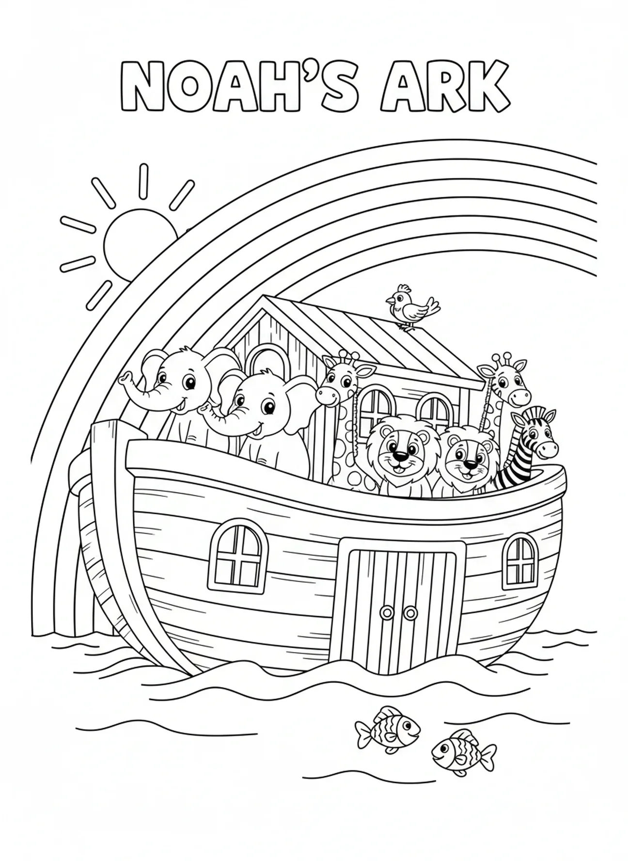 Regenbogen über der Arche, Ausmalbild der Bibel für Kinder im Alter von 5-10 Jahren