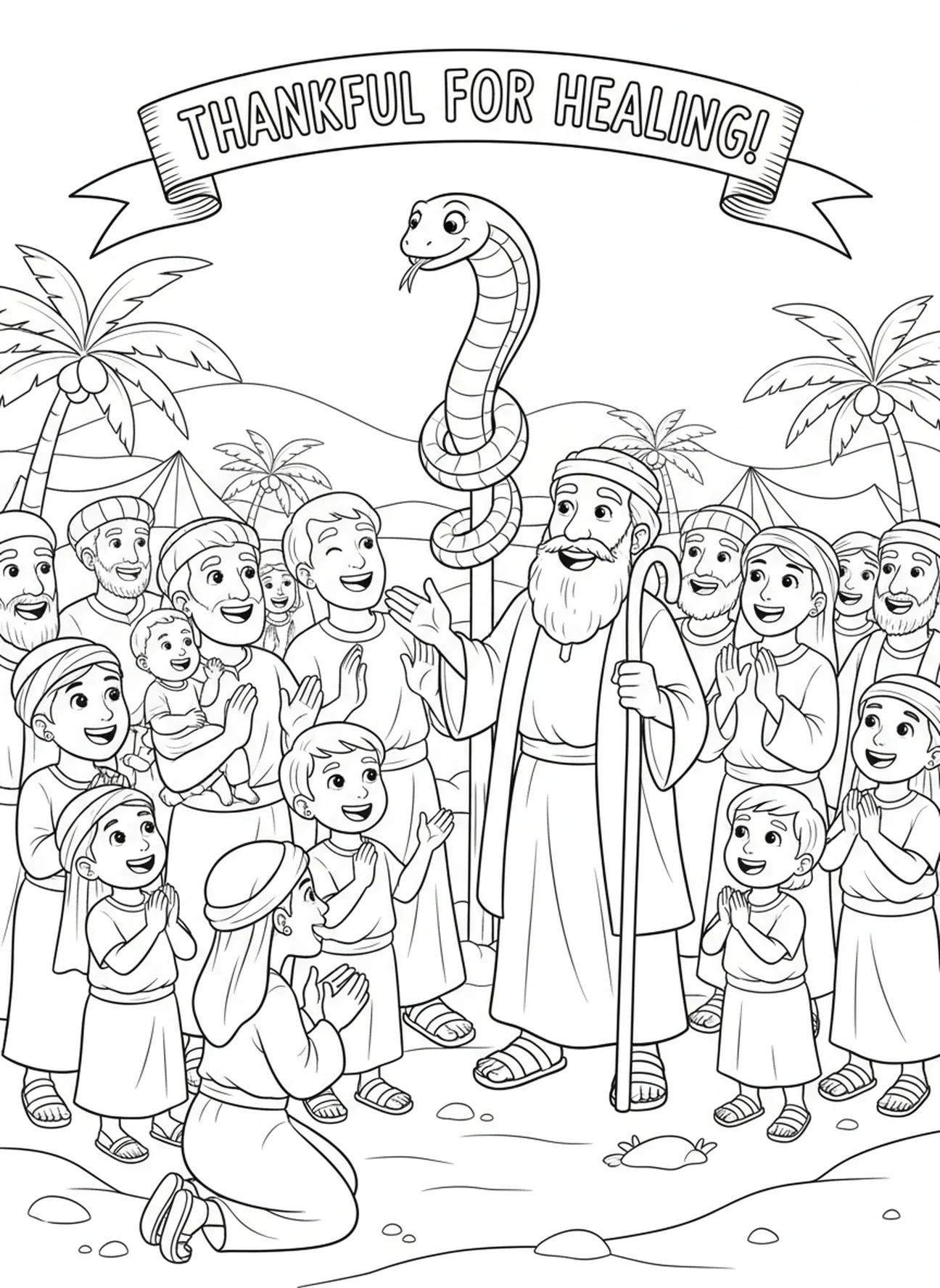 Israeliten danken Mose, Ausmalbild der bronzenen Schlange für Kinder im Alter von 5-10 Jahren