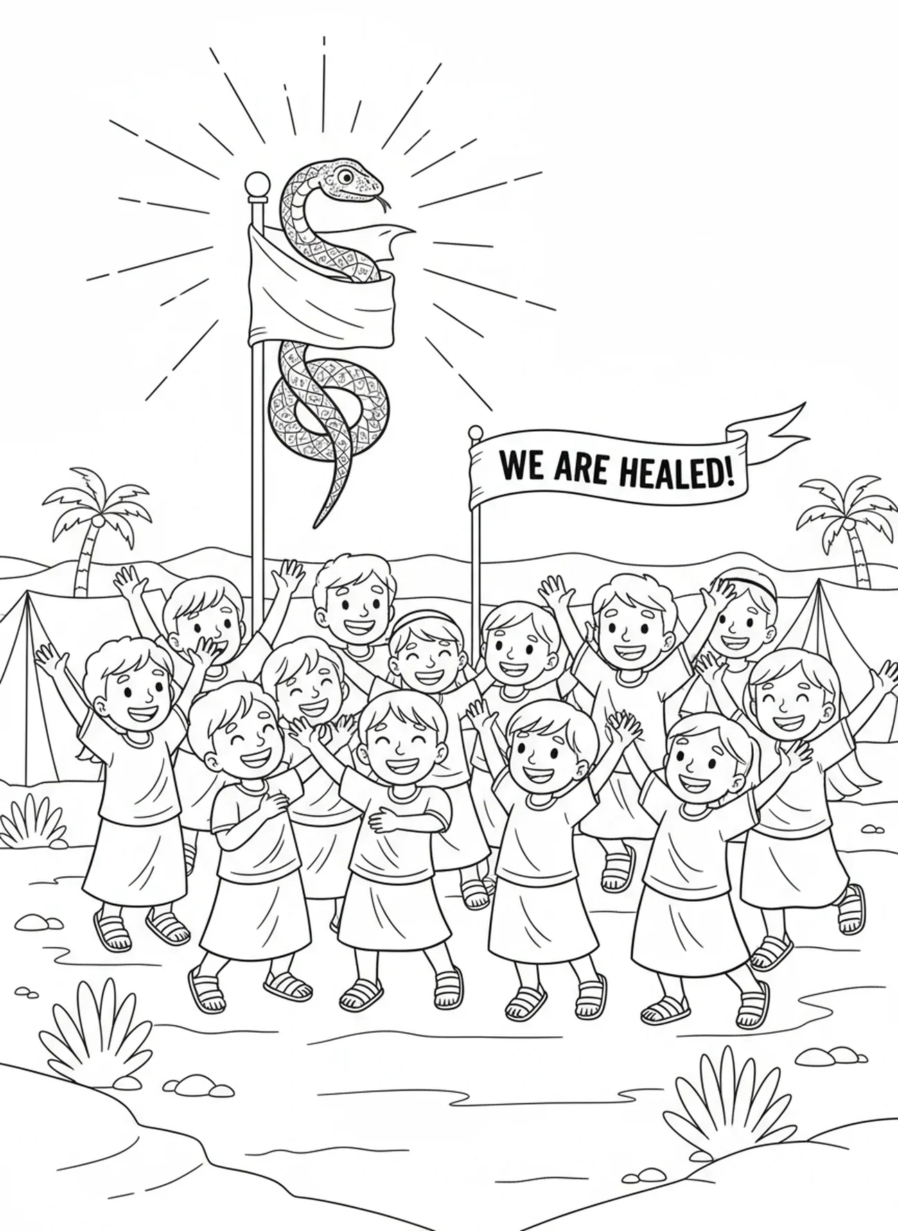 Heilende Israeliten feiern, Bronze-Serpentinen Ausmalbild für Kinder im Alter von 5-10 Jahren