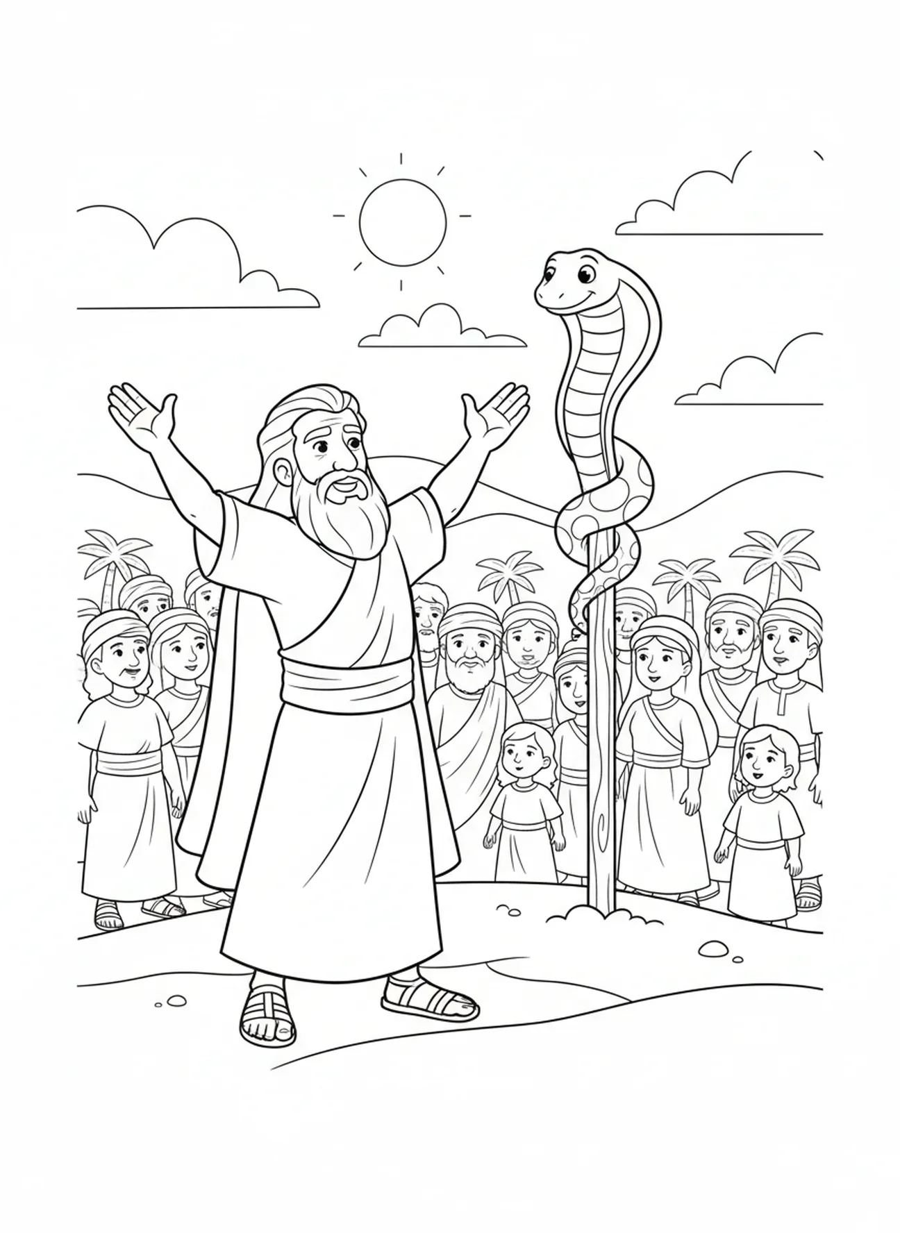 Moses, der die Israeliten anleitet, Ausmalbild der Bronze-Schlange für Kinder im Alter von 5-10 Jahren