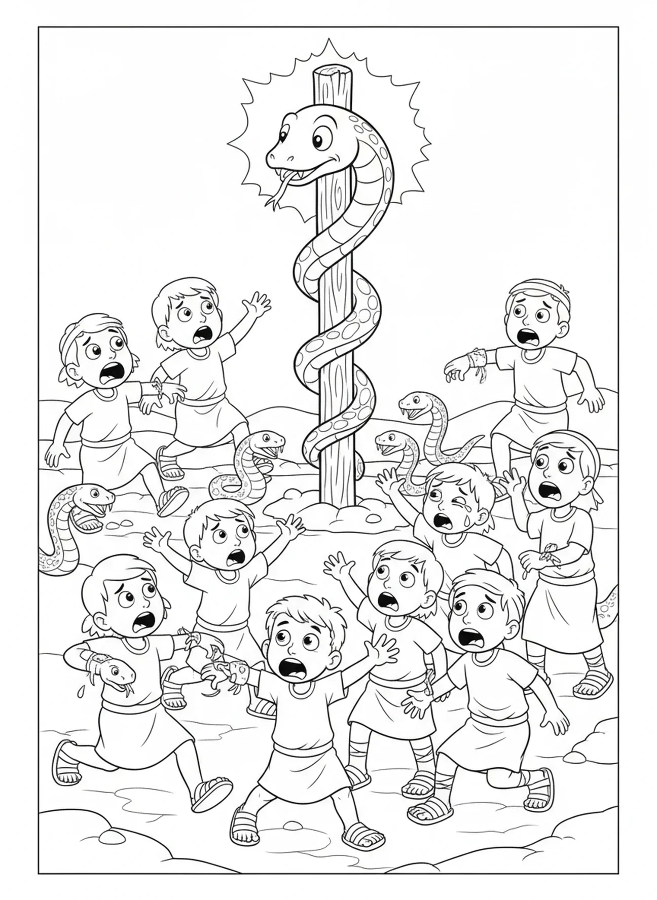 Cartoonfiguren in Angst, Ausmalbild der Bronze-Schlange für Kinder im Alter von 5-10 Jahren