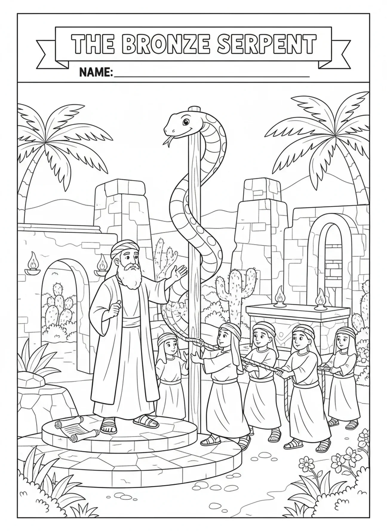 Moses, der die bronzene Schlange anweist, Ausmalbild der bronzenen Schlange für Sonntagsschulkinder im Alter von 5-12 Jahren