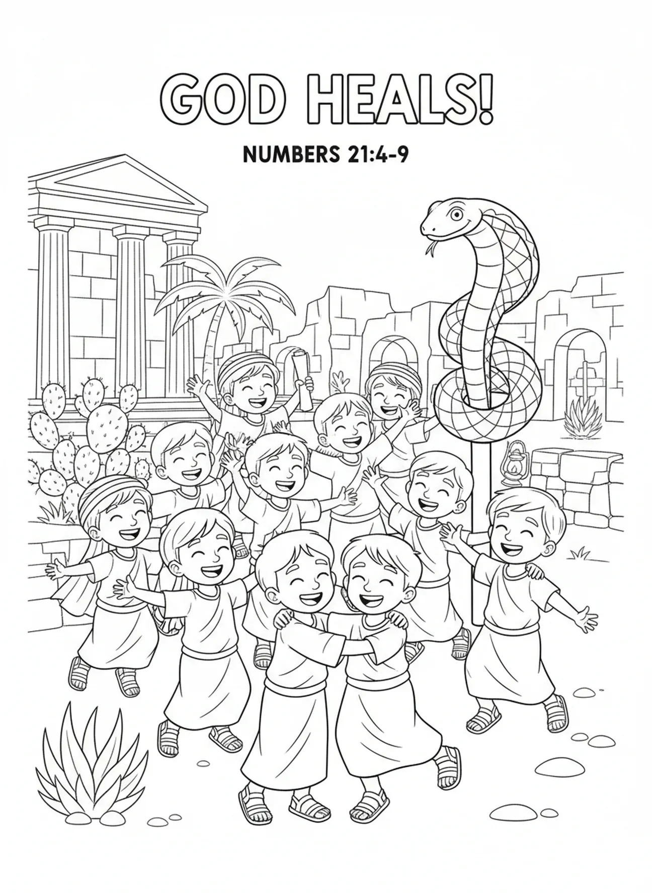 Heilende Israeliten feiern, Ausmalbild der bronzenen Schlange für Sonntagsschulkinder im Alter von 5-12 Jahren