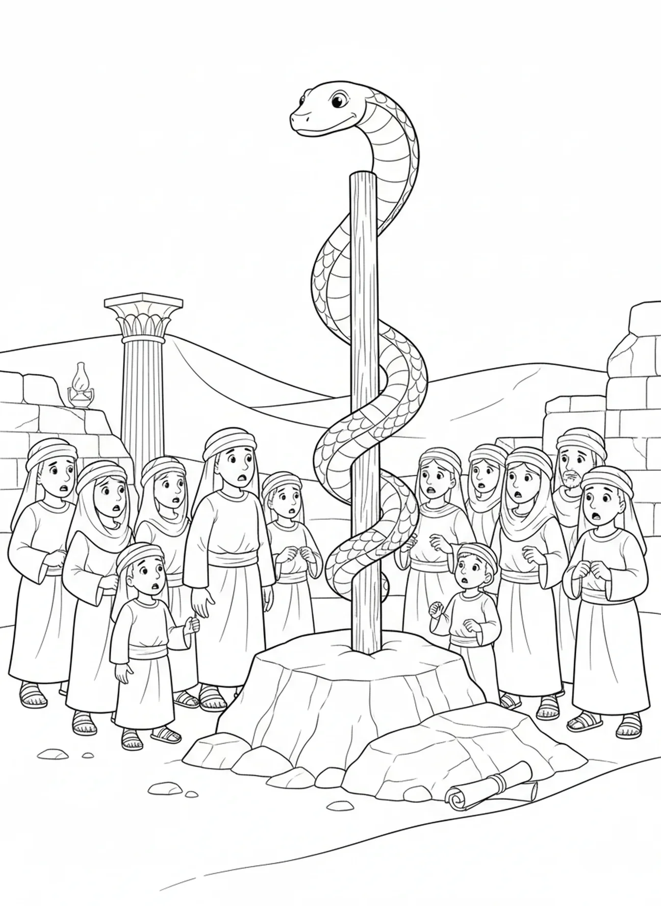 Gruppe von Israeliten, Ausmalbild der bronzenen Schlange für die Sonntagsschule Kinder im Alter von 5-12 Jahren