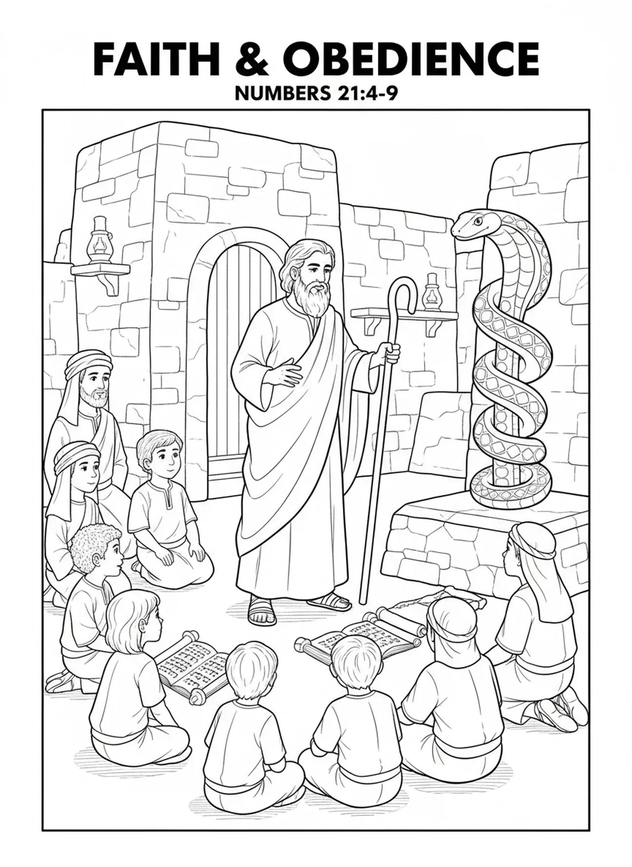 Moses lehrt die Israeliten, Ausmalbild der bronzenen Schlange für die Sonntagsschule Kinder im Alter von 5-12 Jahren