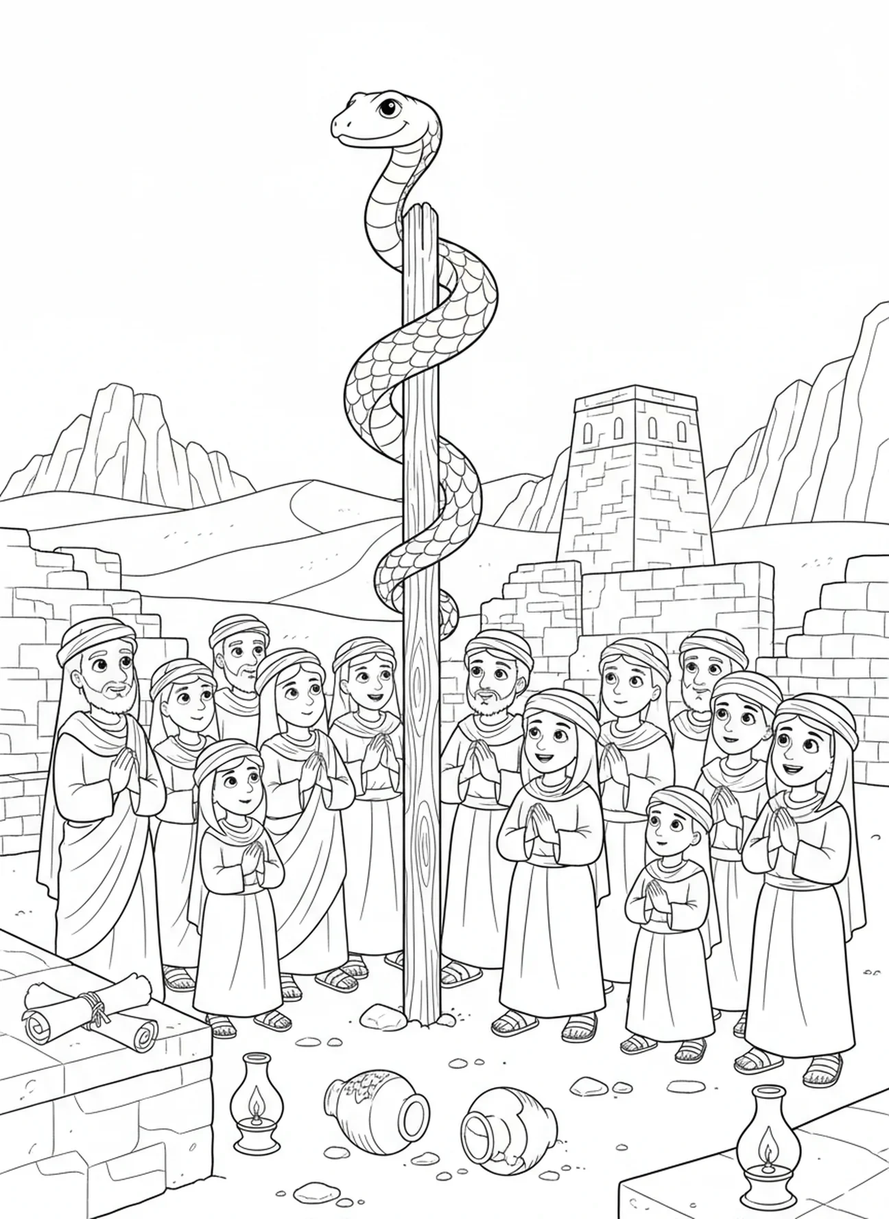 Israeliten schauen nach oben, Ausmalbild der bronzenen Schlange für Sonntagsschulkinder im Alter von 5-12 Jahren