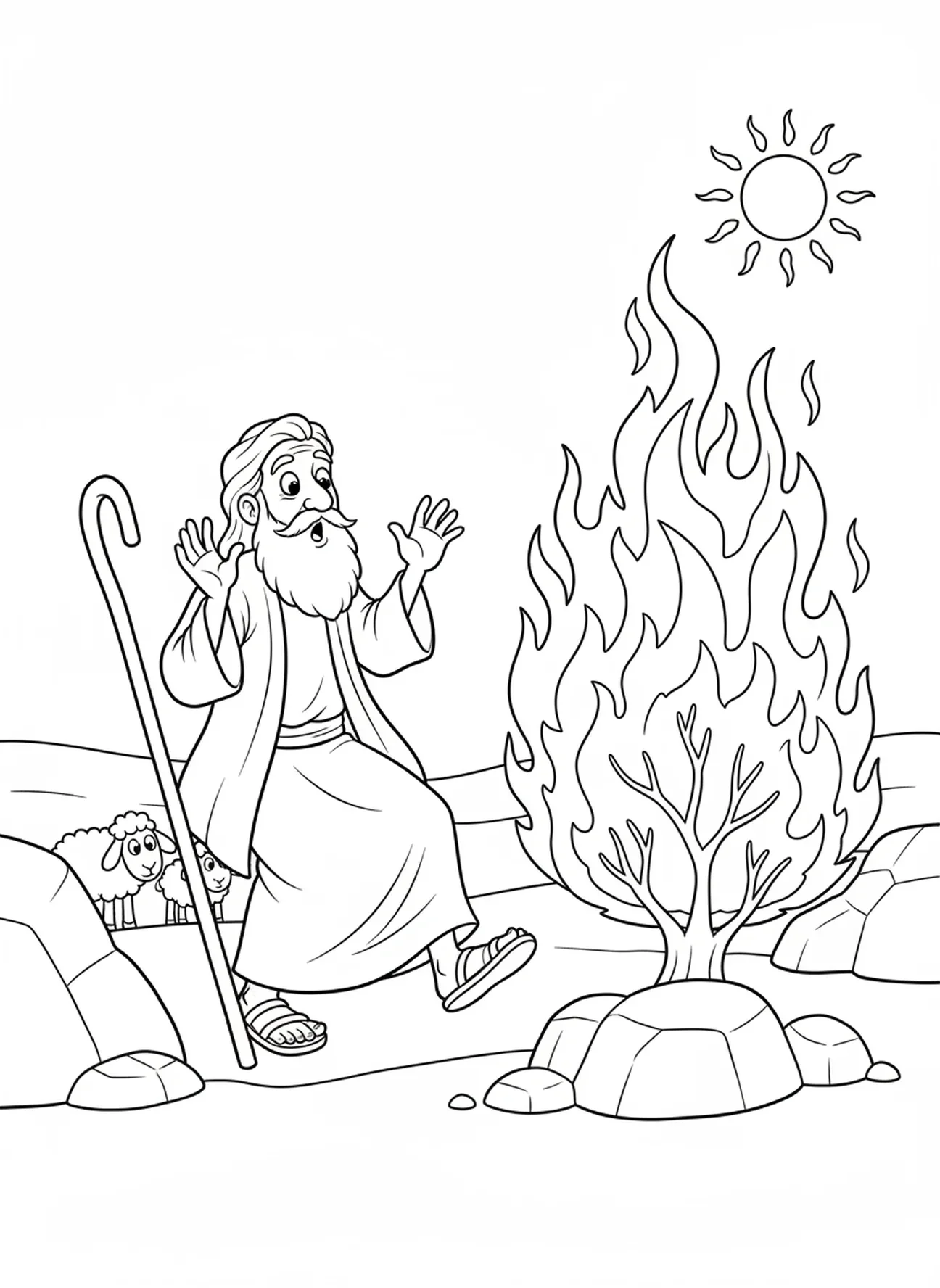 Moïse recule avec surprise devant le buisson ardent, page à colorier Moïse enlève ses sandales pour les enfants de 5 à 10 ans.
