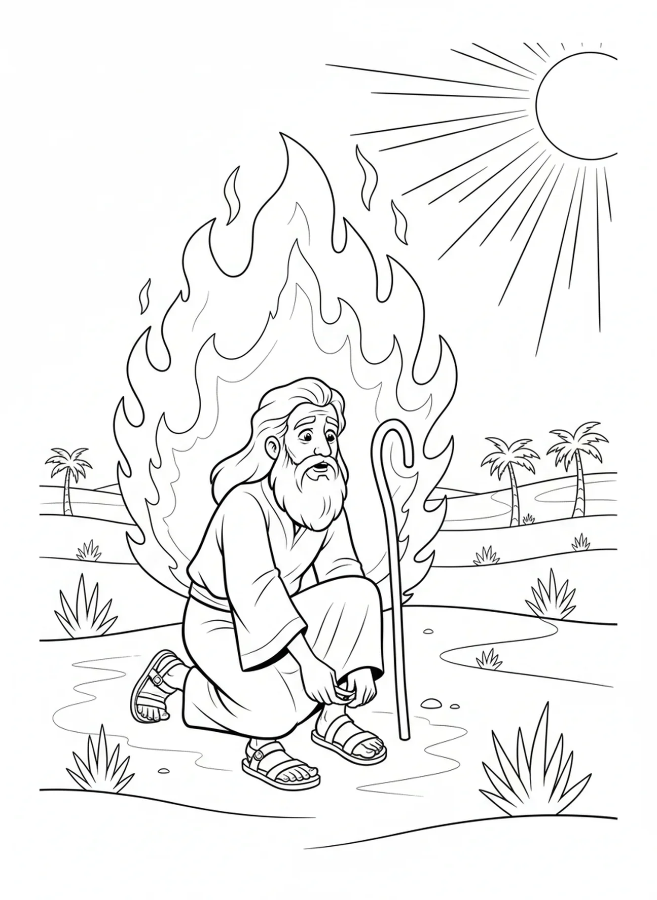 Moïse à genoux en enlevant ses sandales, page à colorier Moïse et le Buisson Ardent pour les enfants de 5 à 10 ans.