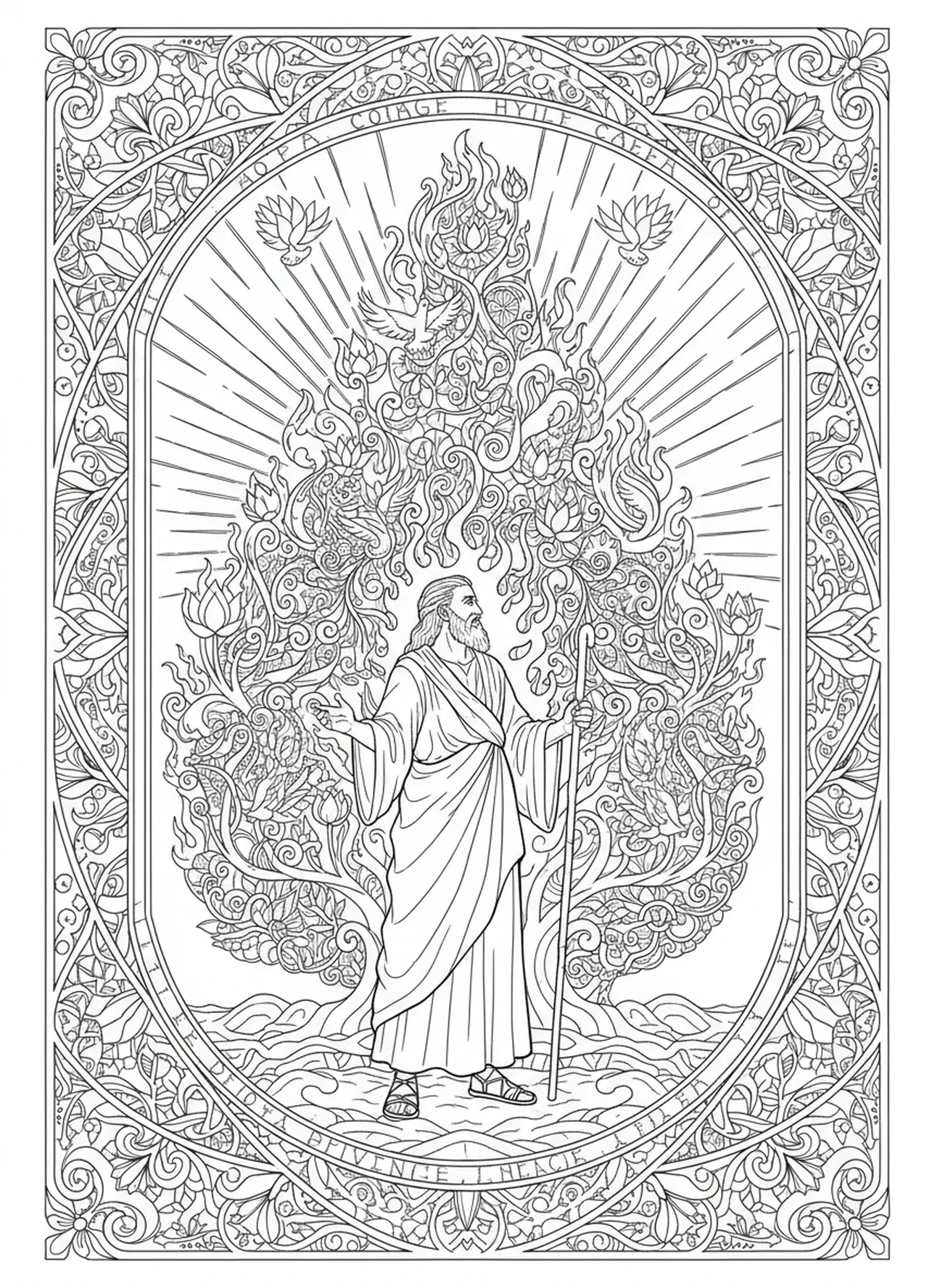 Moïse acceptant sa mission au buisson ardent, page à colorier Buisson Ardent pour adultes dans le style de journal biblique