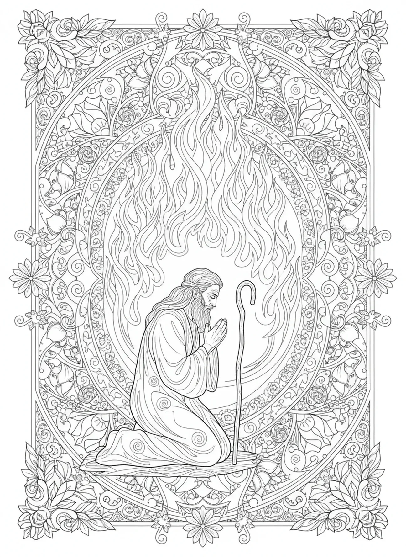 Appel divin du buisson ardent, page à colorier Buisson ardent pour le journaling biblique adulte