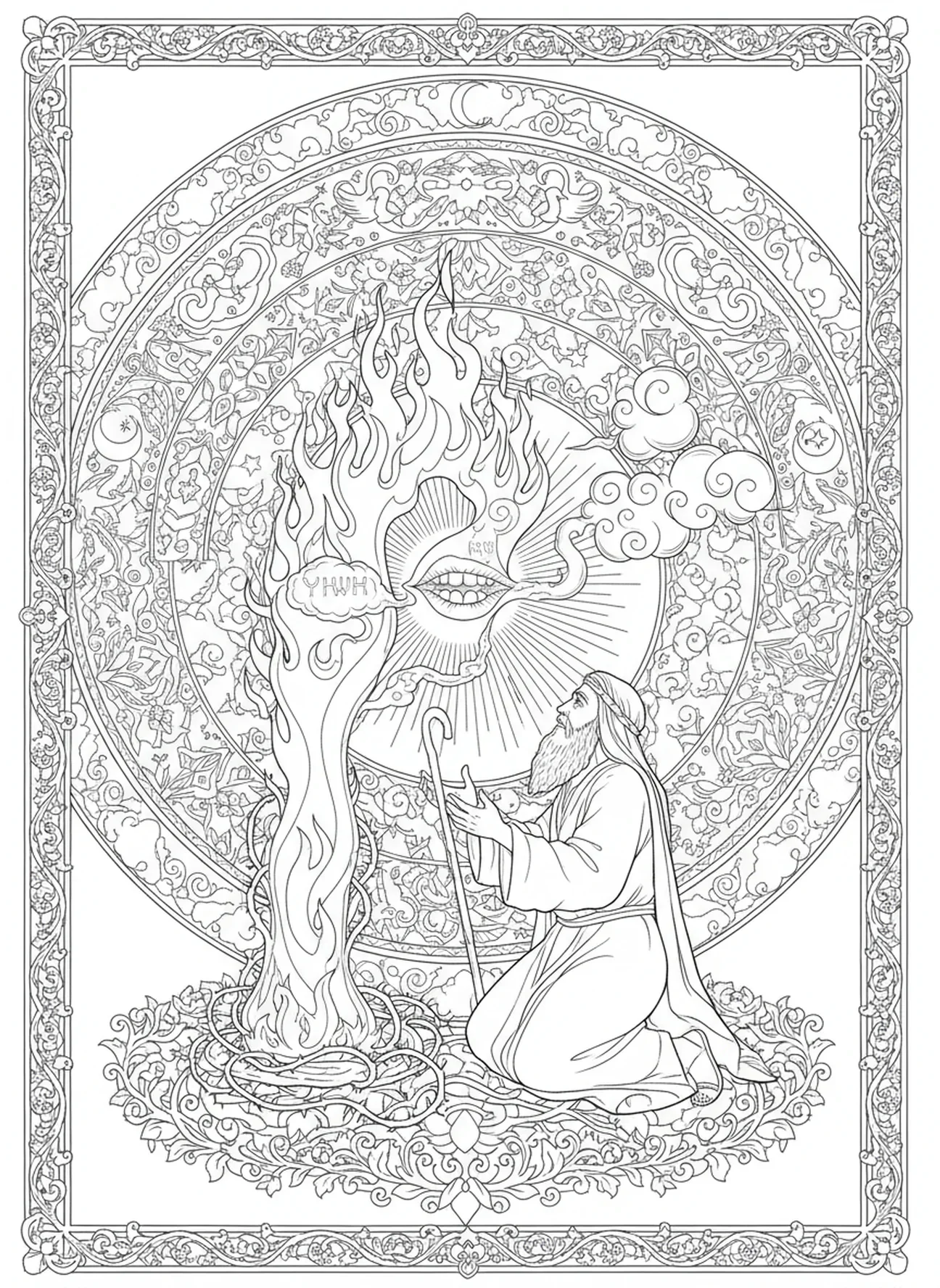 Voix céleste du buisson ardent, page à colorier du Buisson Ardent pour le journal biblique pour adultes