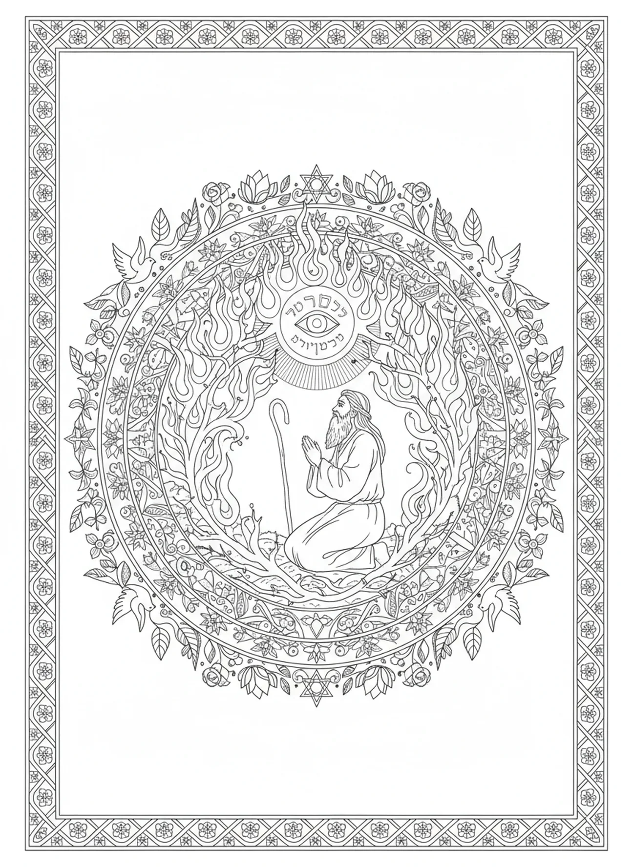 Moïse communiquant avec le buisson ardent, page à colorier Buisson Ardent pour adultes dans le style de journal biblique