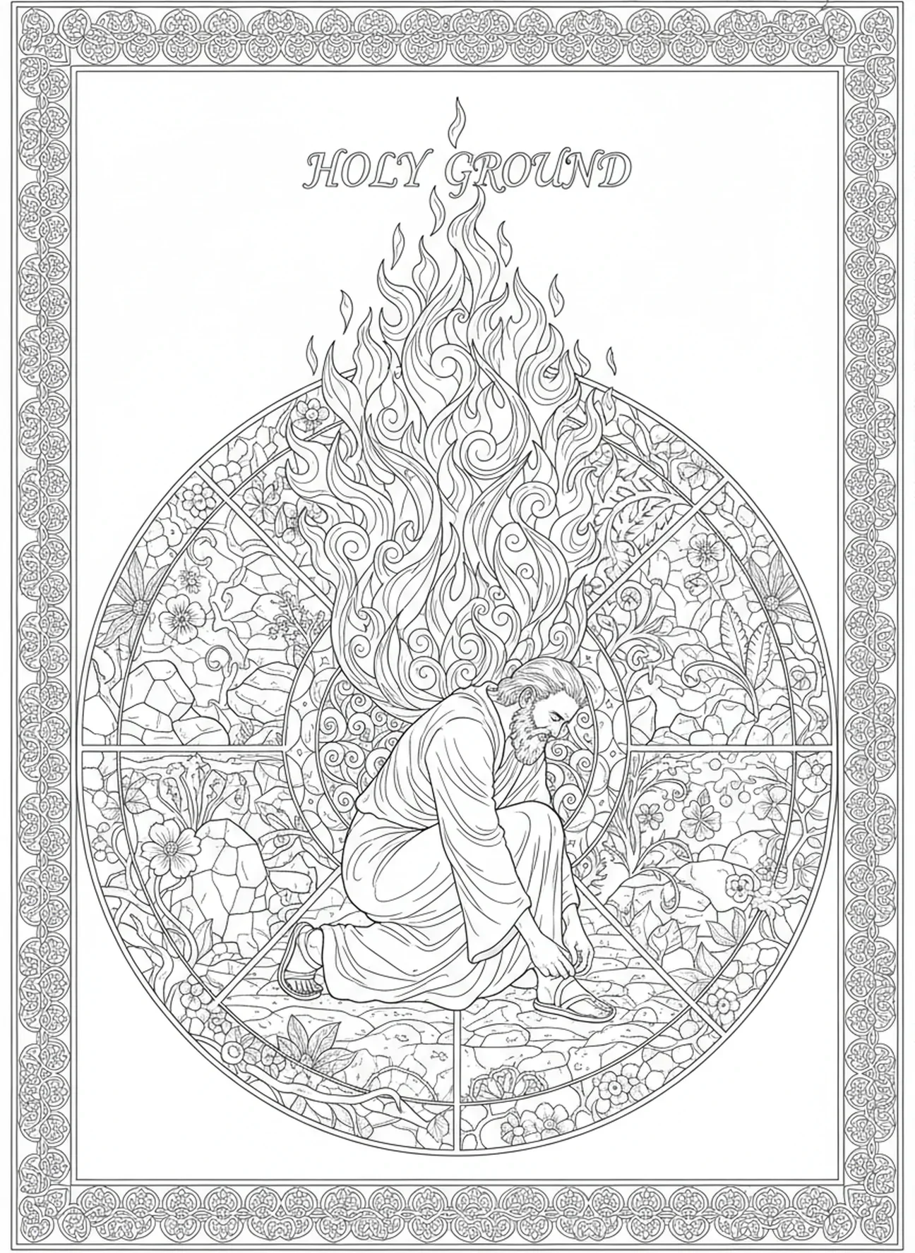 Moïse ôtant ses sandales devant le buisson ardent, page à colorier Buisson ardent pour le style de journal biblique pour adultes
