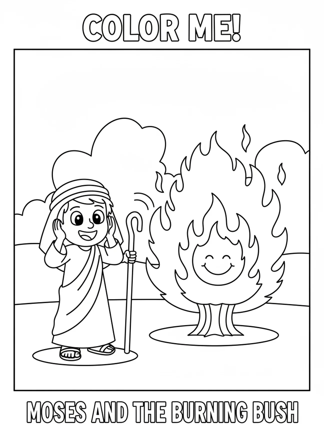 Moïse écoutant le buisson, page à colorier du Buisson Ardent pour les préscolaires de 3 à 5 ans.