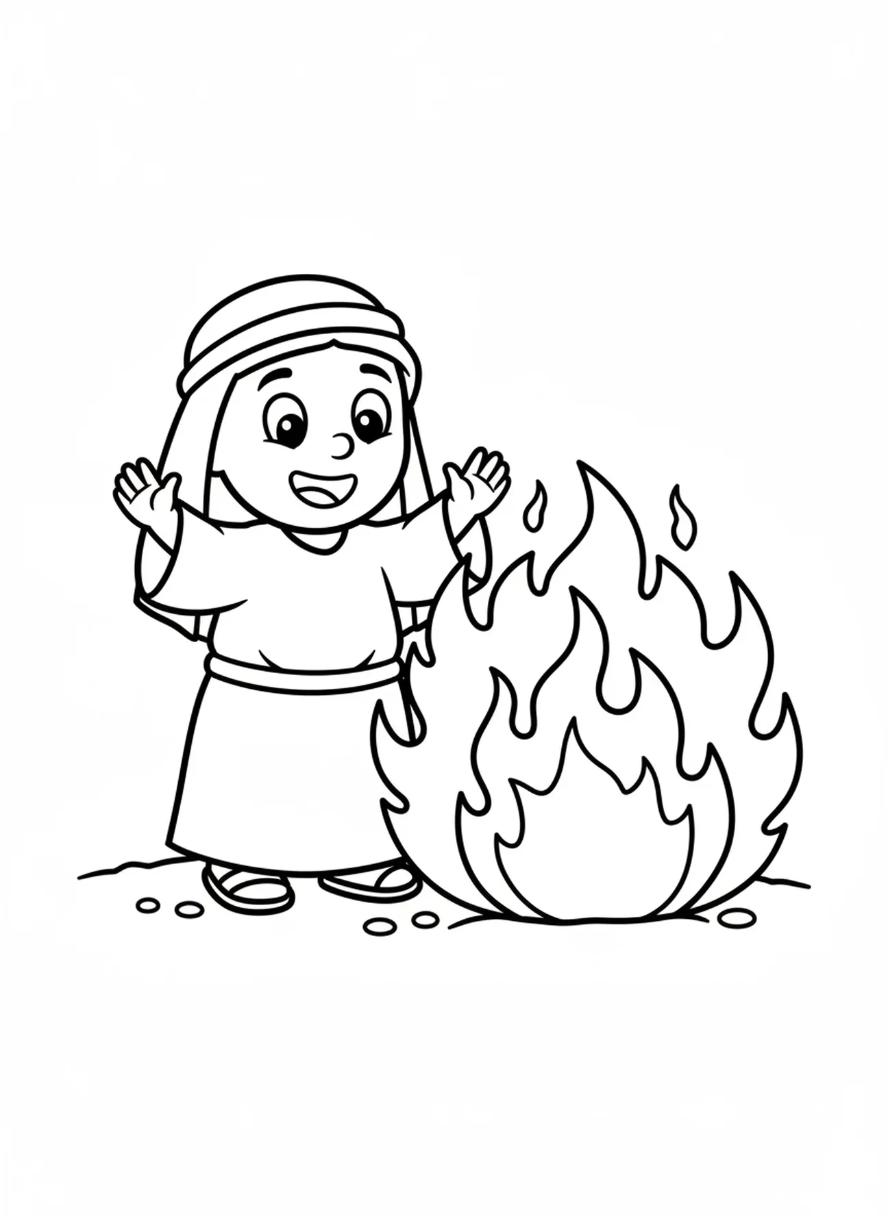 Moïse émerveillé par les flammes, page à colorier du Buisson Ardent pour les enfants d'âge préscolaire de 3 à 5 ans.