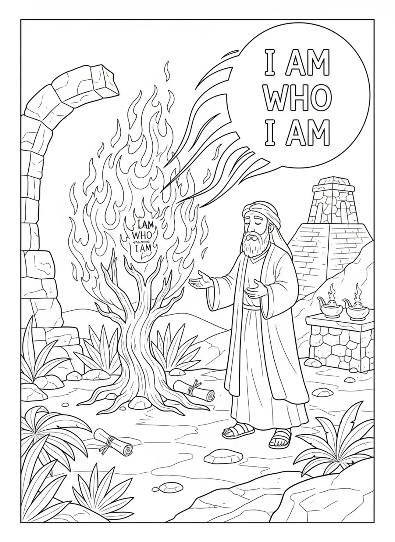 Moses hört zu, Ausmalbild vom brennenden Busch für Sonntagsschulkinder im Alter von 5-12 Jahren