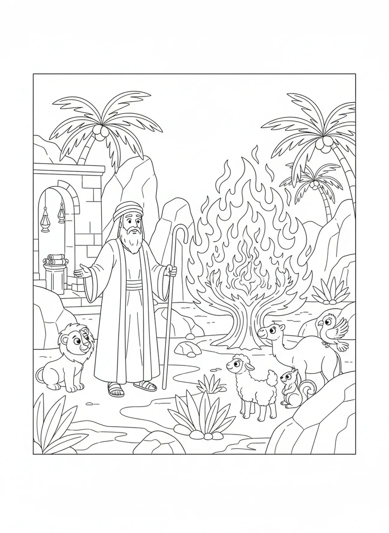 Moses mit dem Stab, Ausmalbild vom brennenden Busch für Sonntagsschulkinder im Alter von 5-12 Jahren