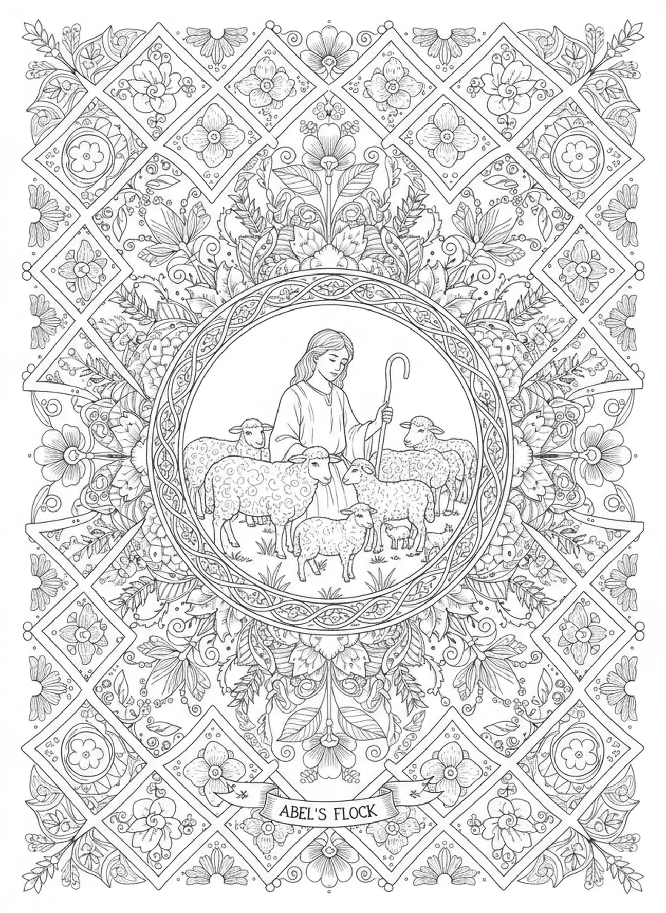 Abel mit Schafen, Ausmalbild von Kain und Abel im Stil des Bibel-Journalings für Erwachsene.