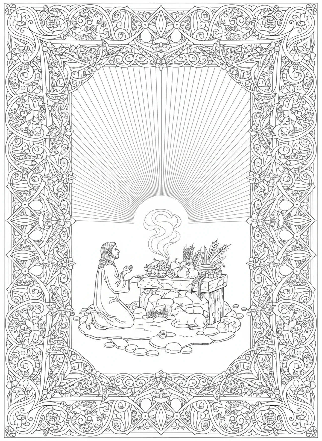 Göttliches Licht über Abels Opfer, Kain und Abel Ausmalbild für Erwachsene im Bibel-Journaling-Stil.