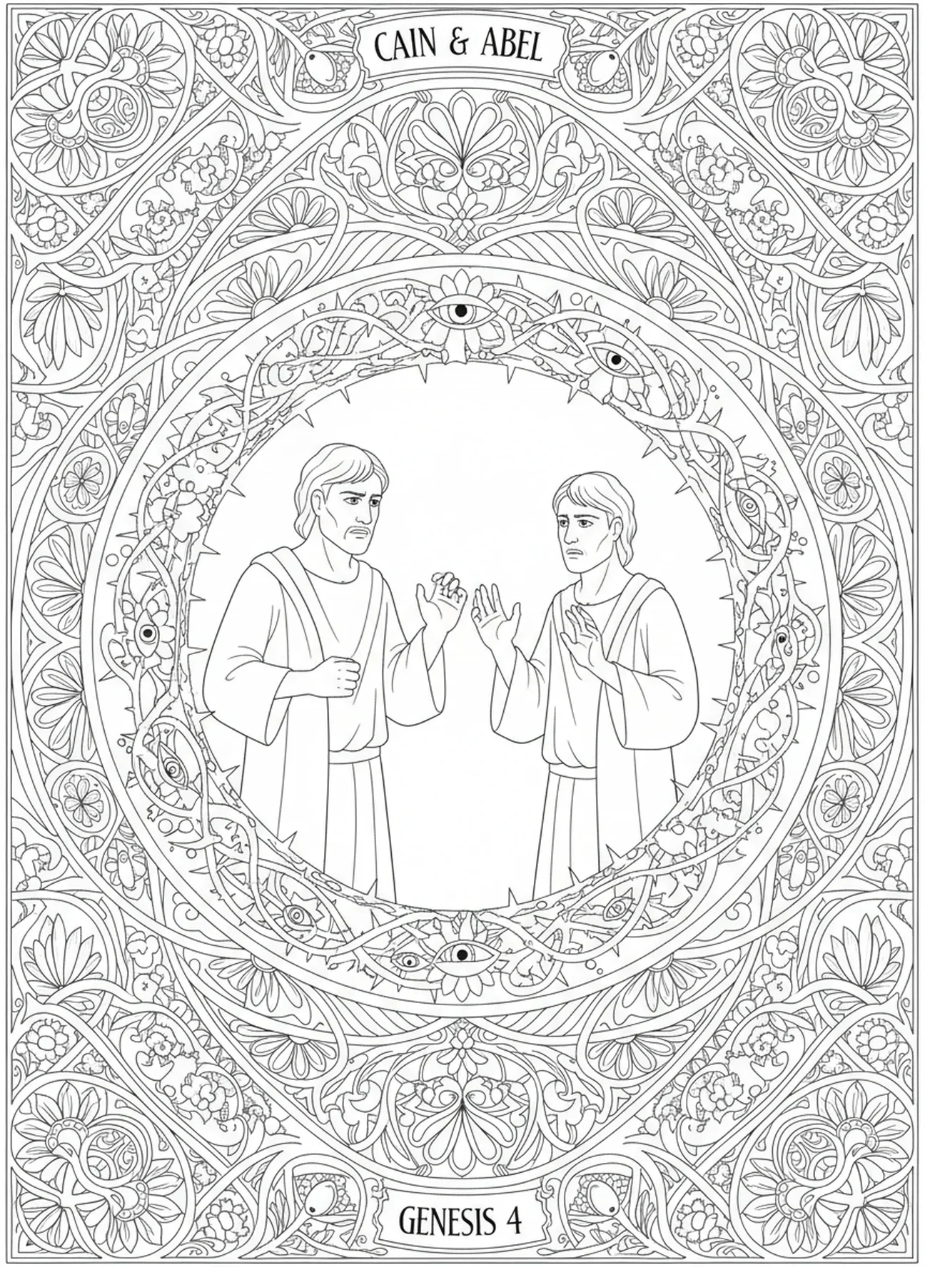 Kain konfrontiert Abel, Kain und Abel Ausmalbild im Stil des Bibel-Journalings für Erwachsene.