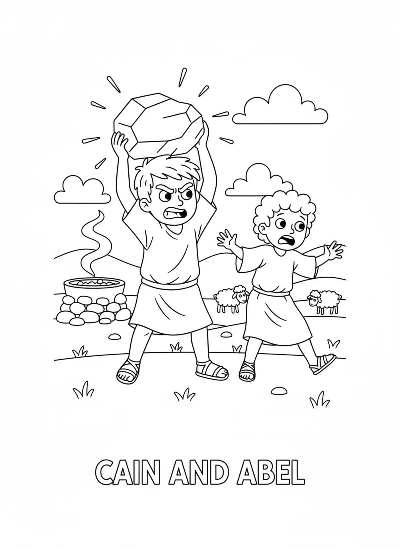 Caim com uma pedra no campo, página de colorir sobre Caim e Abel para crianças de 5 a 10 anos.